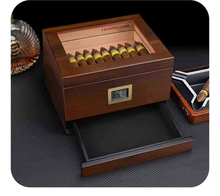 Glass Top Cigar Humidor with Digital Hygrometer – Walnut Finish