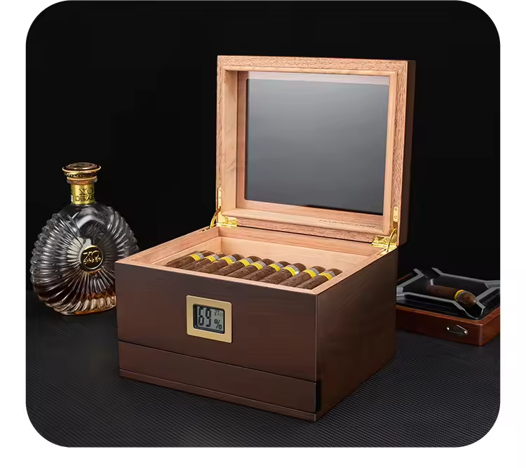 Glass Top Cigar Humidor with Digital Hygrometer – Walnut Finish