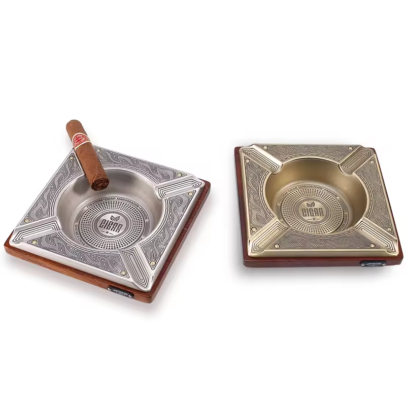 Luxury Square Cigar Ashtray with Metal Insert – Classic Wood & Brass Design