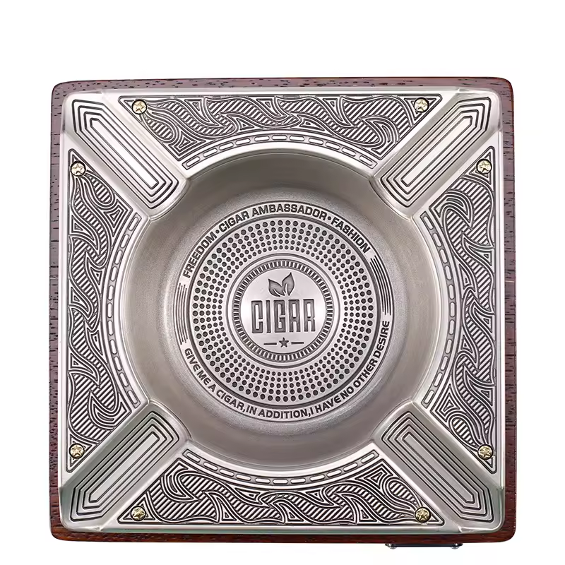 Luxury Square Cigar Ashtray with Metal Insert – Classic Wood & Brass Design
