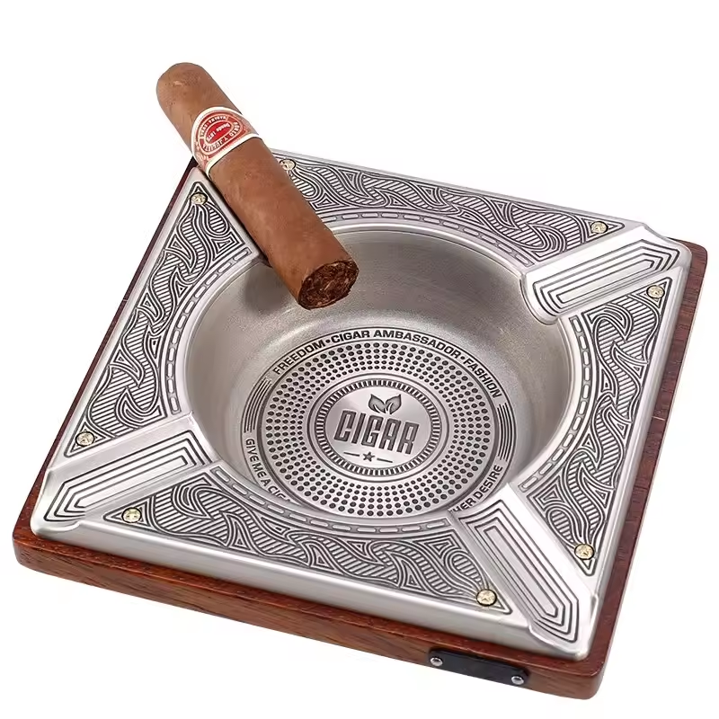 Luxury Square Cigar Ashtray with Metal Insert – Classic Wood & Brass Design