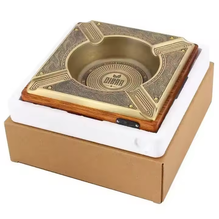 Luxury Square Cigar Ashtray with Metal Insert – Classic Wood & Brass Design