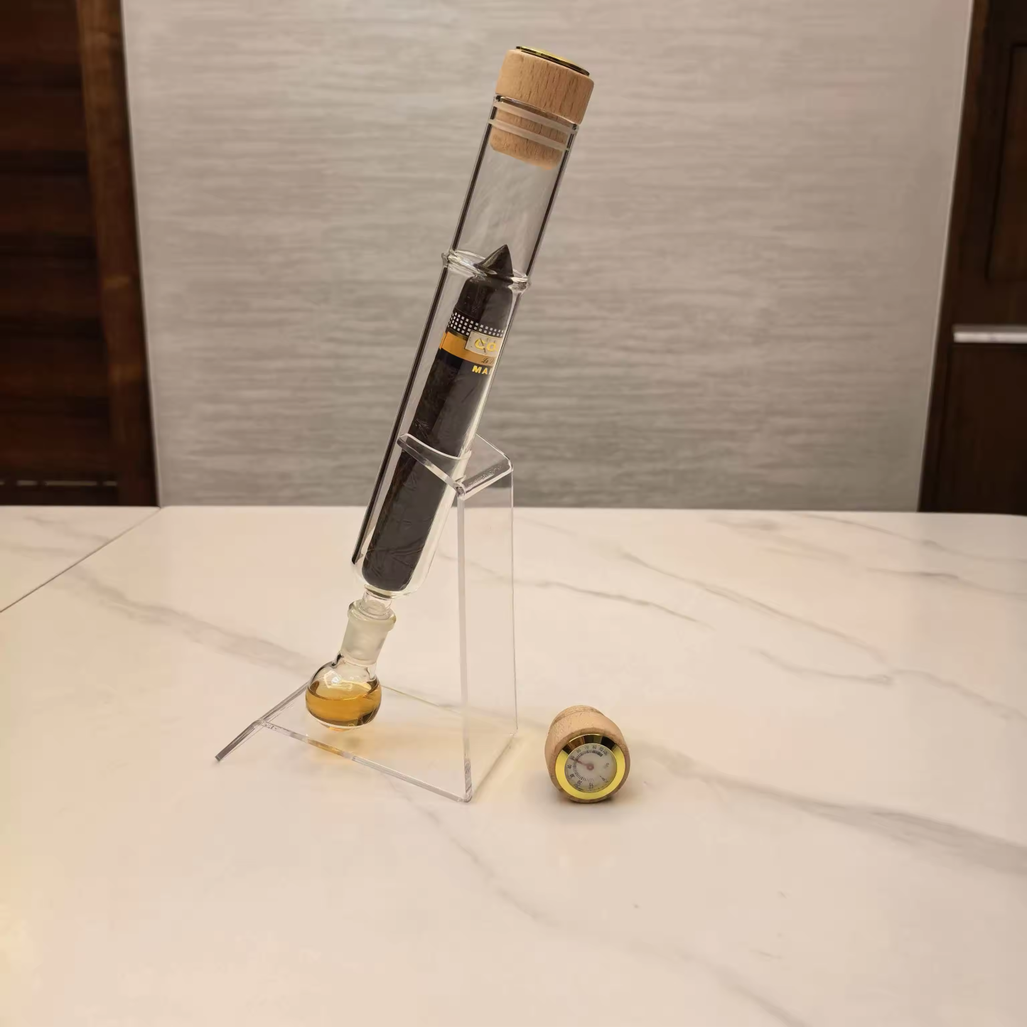 Glass Cigar Preservation Tube with Display Stand & Hygrometer – Premium Single Cigar Storage