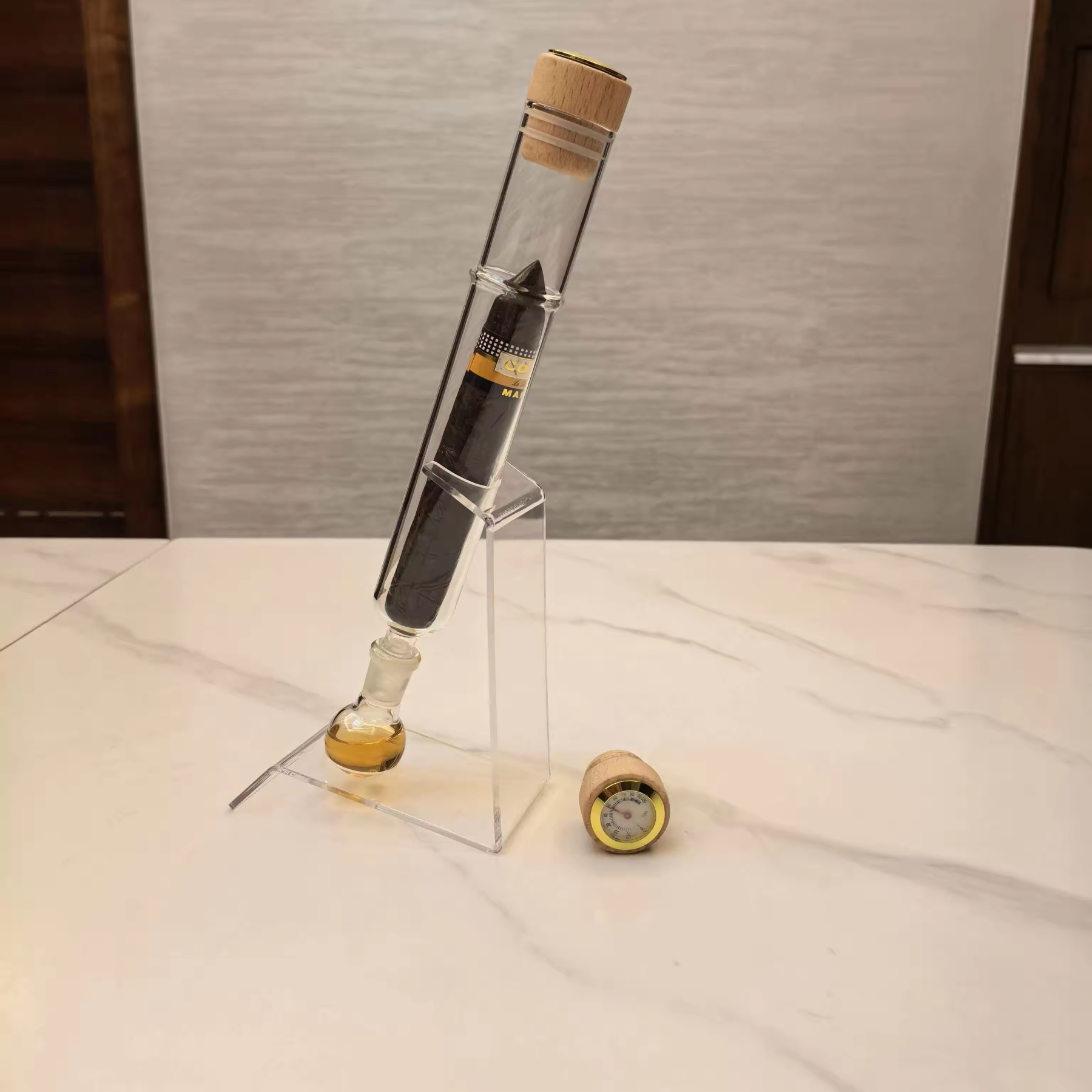 Glass Cigar Preservation Tube with Display Stand & Hygrometer – Premium Single Cigar Storage