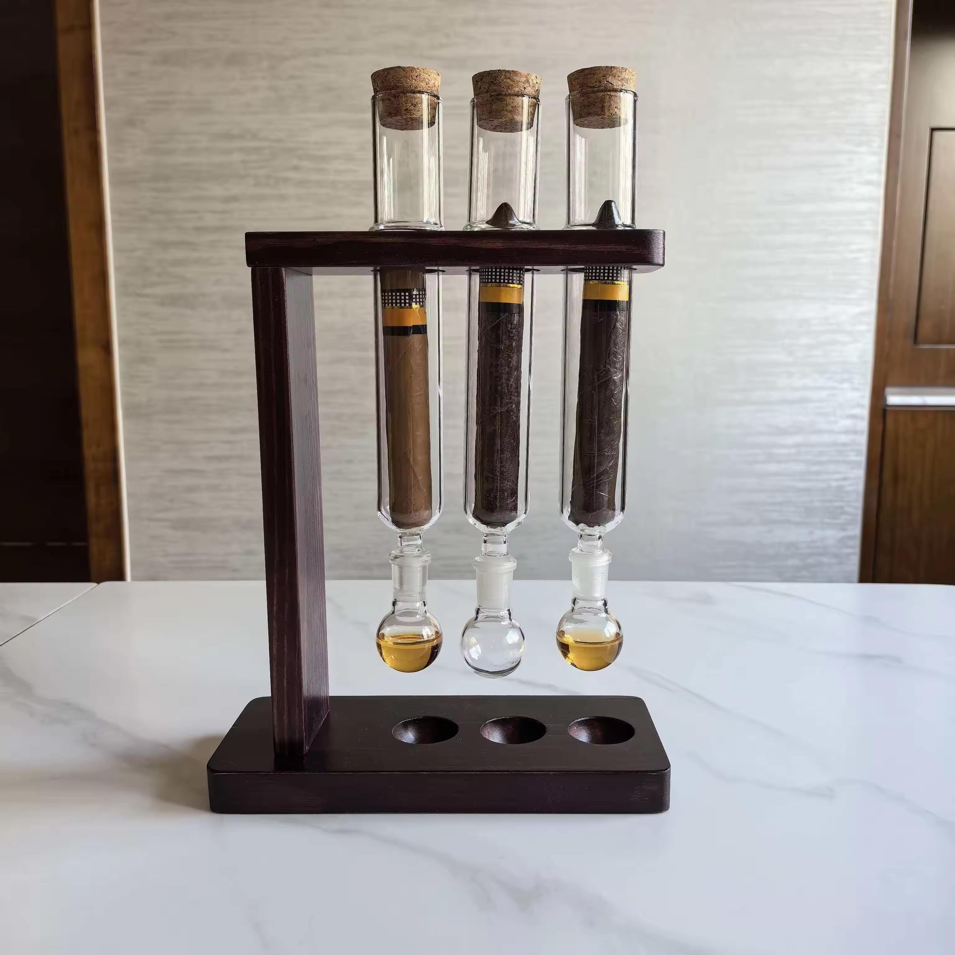 Triple Glass Cigar Preservation Tubes with Wooden Display Stand – Luxury Humidity Storage System