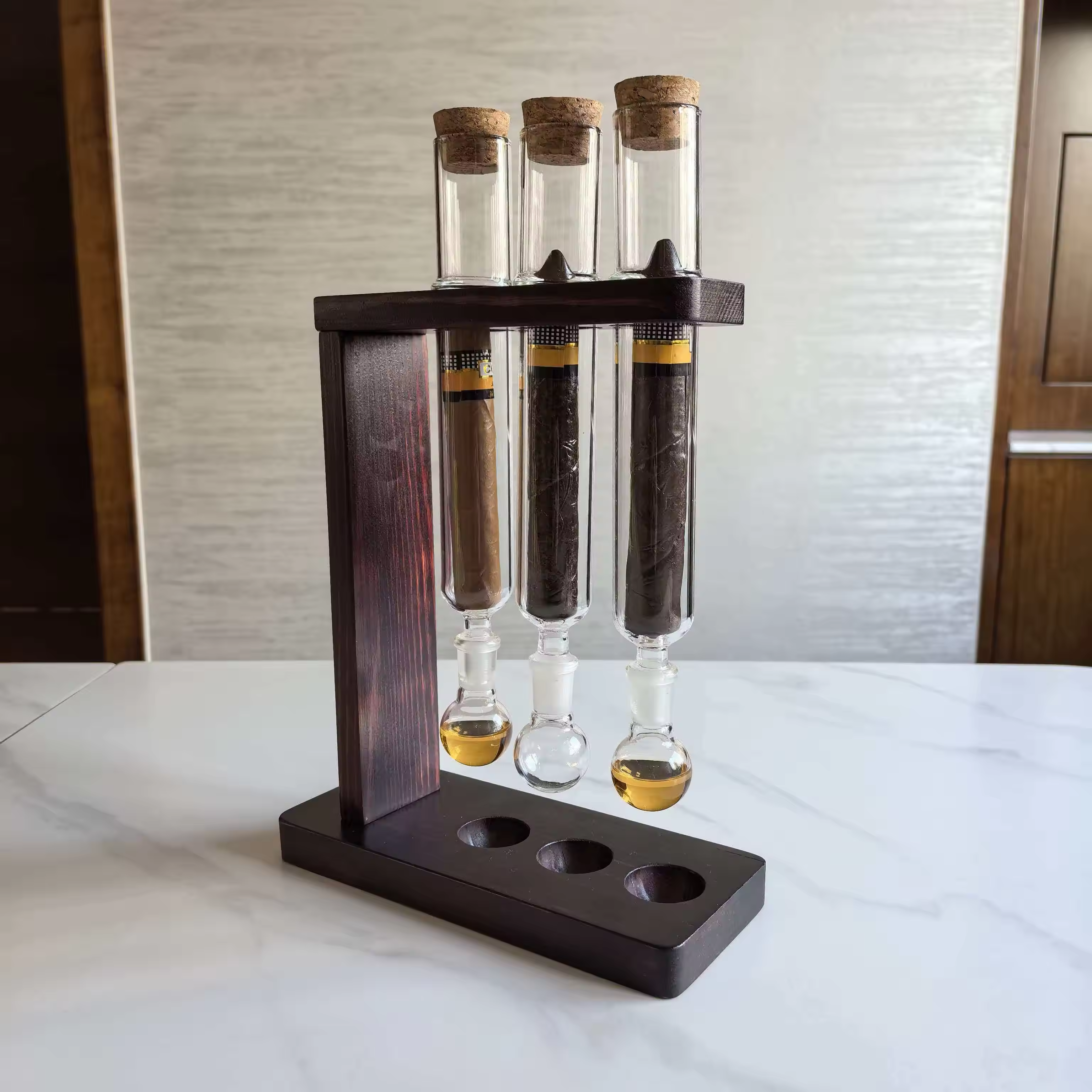 Triple Glass Cigar Preservation Tubes with Wooden Display Stand – Luxury Humidity Storage System