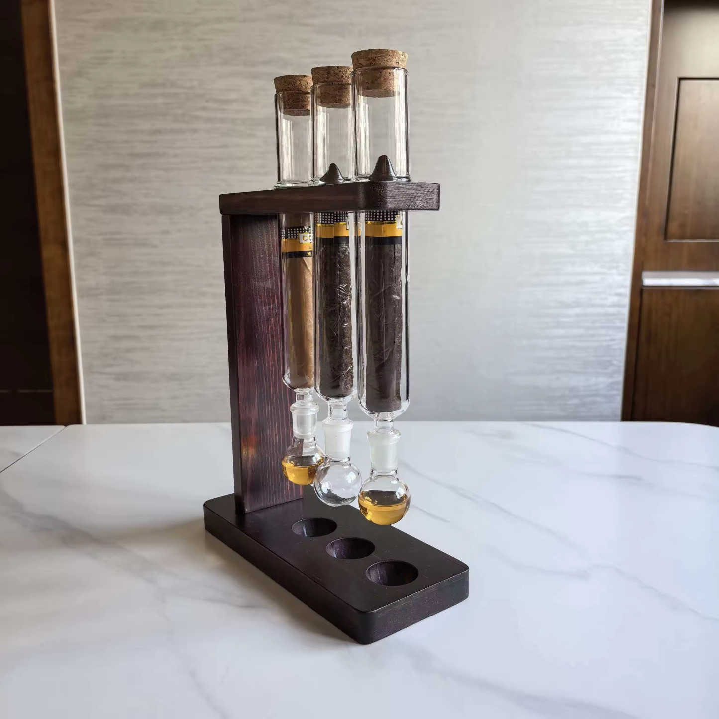 Triple Glass Cigar Preservation Tubes with Wooden Display Stand – Luxury Humidity Storage System
