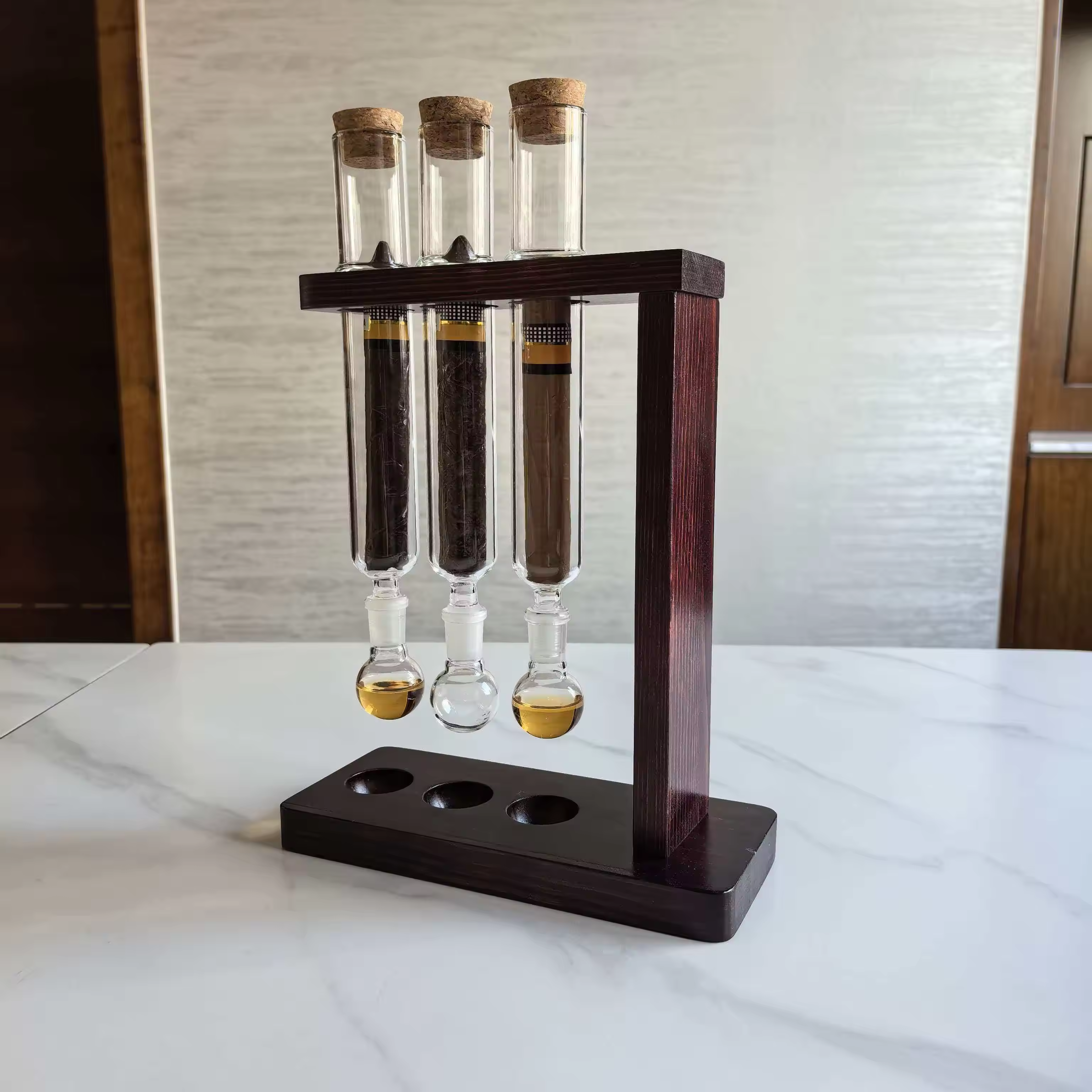 Triple Glass Cigar Preservation Tubes with Wooden Display Stand – Luxury Humidity Storage System