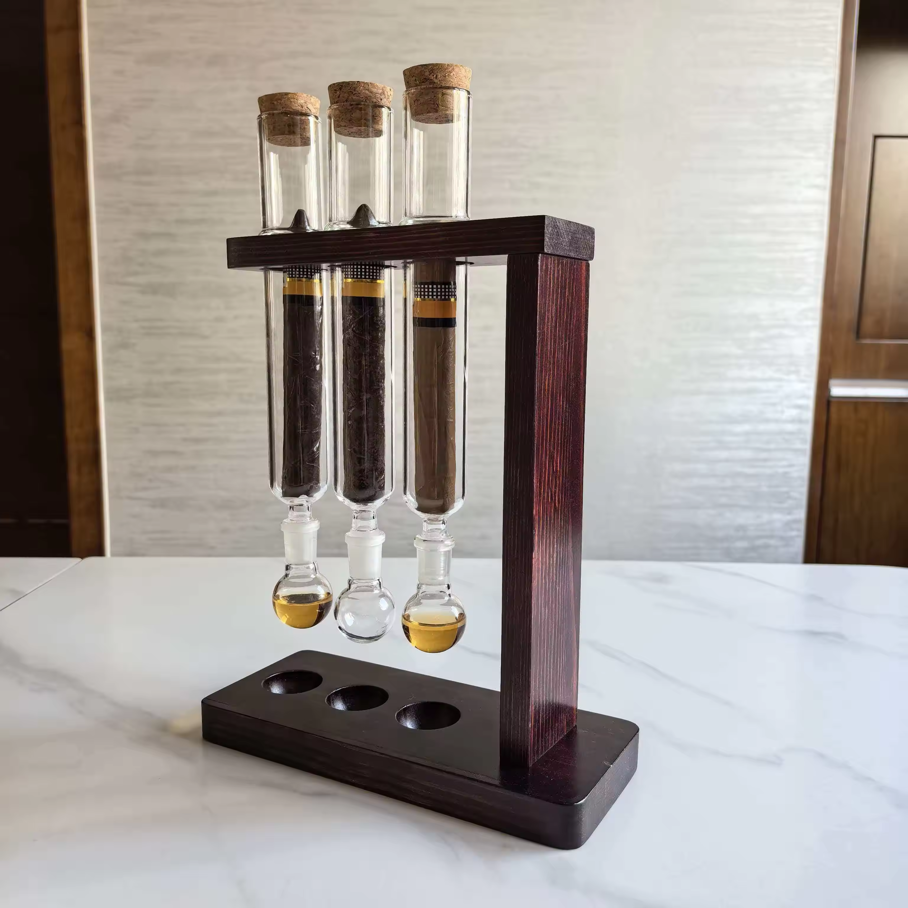 Triple Glass Cigar Preservation Tubes with Wooden Display Stand – Luxury Humidity Storage System