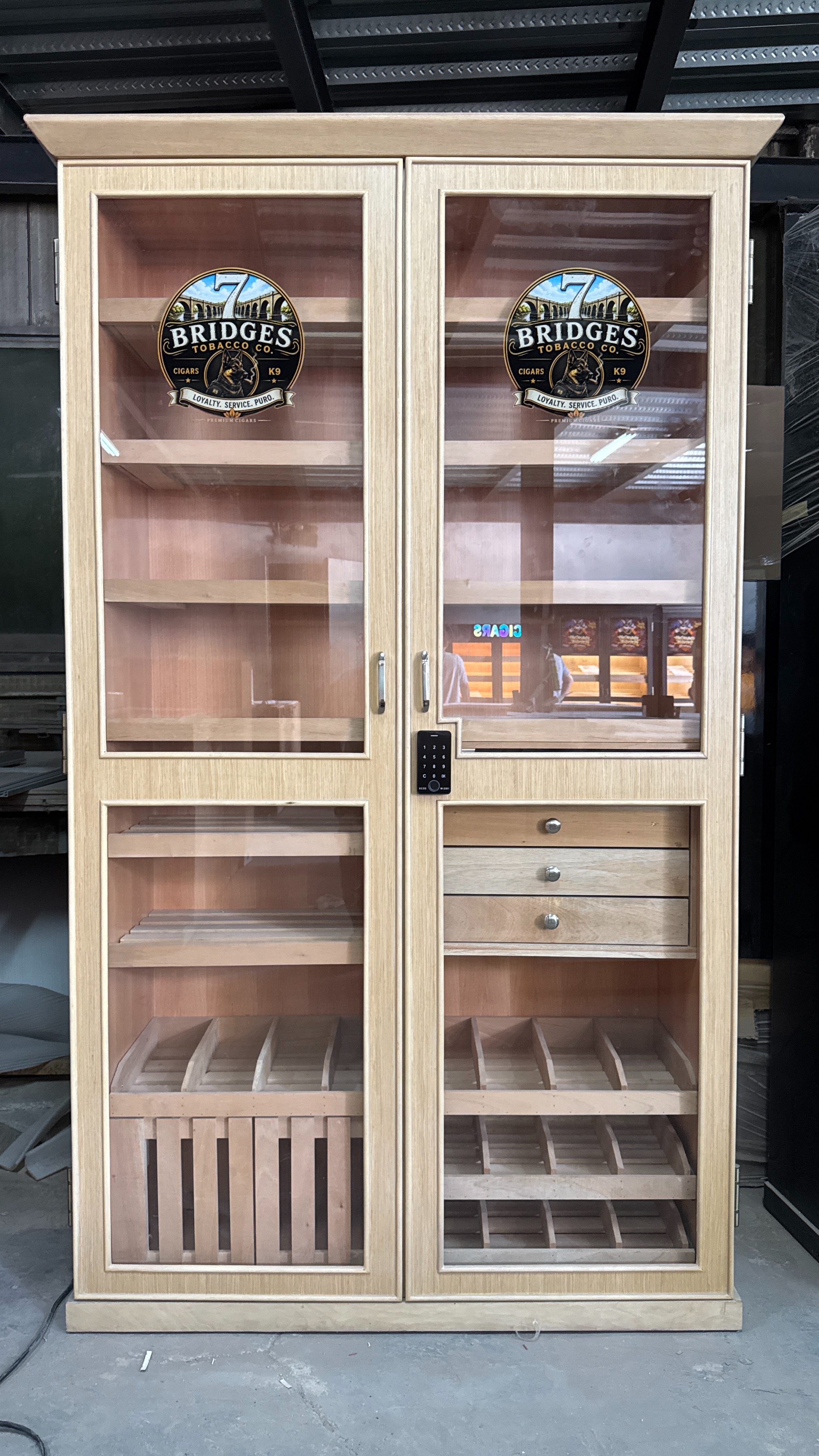 Double Door Cigar Humidor Cabinet with Fingerprint Password Lock, 4 Small Drawers, Dual-Color LED Lighting, Spanish Cedar Shelves & Humidifier Included – 47.24" W × 15.75" D × 78.74" H