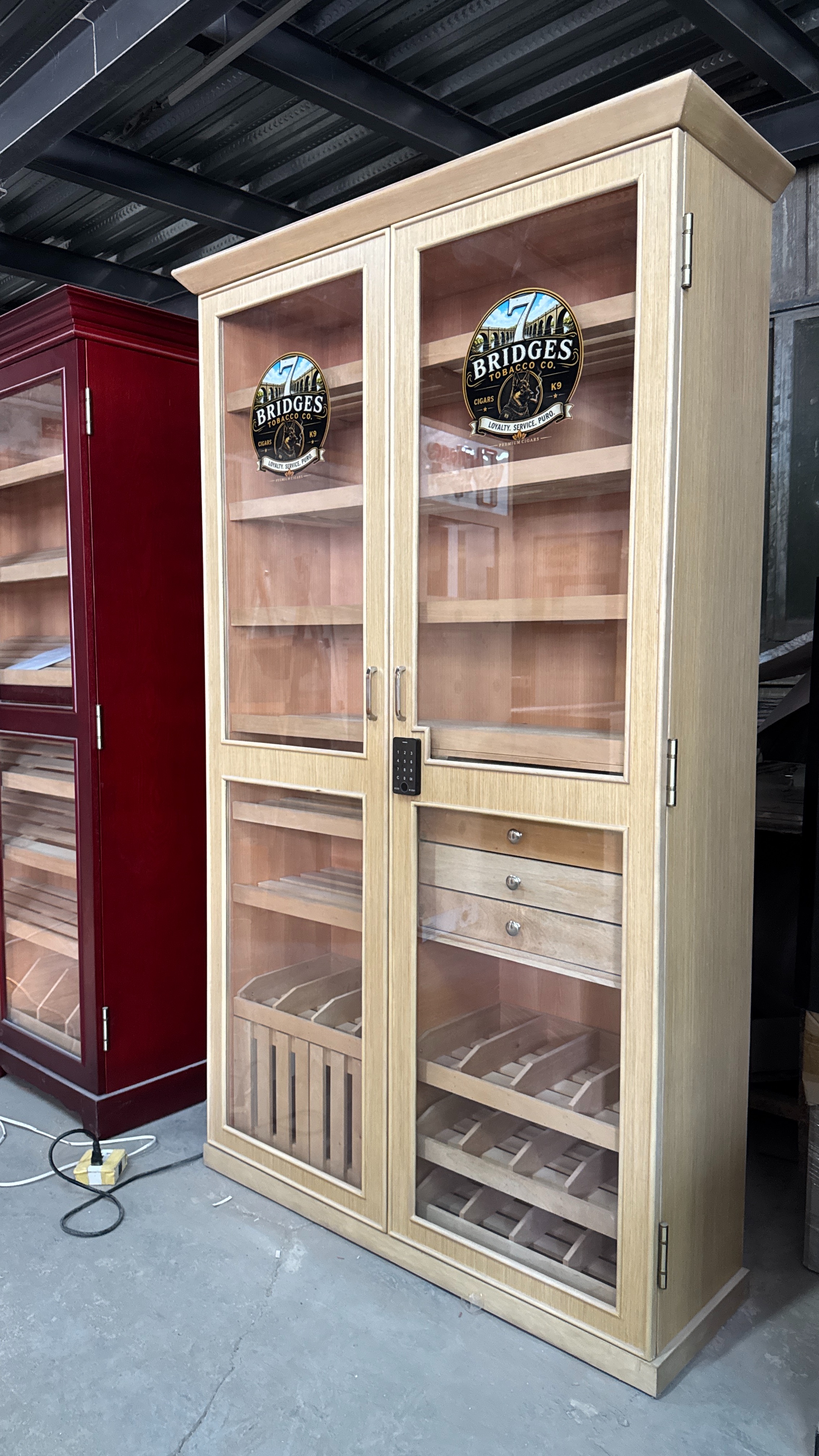 Double Door Cigar Humidor Cabinet with Fingerprint Password Lock, 4 Small Drawers, Dual-Color LED Lighting, Spanish Cedar Shelves & Humidifier Included – 47.24" W × 15.75" D × 78.74" H
