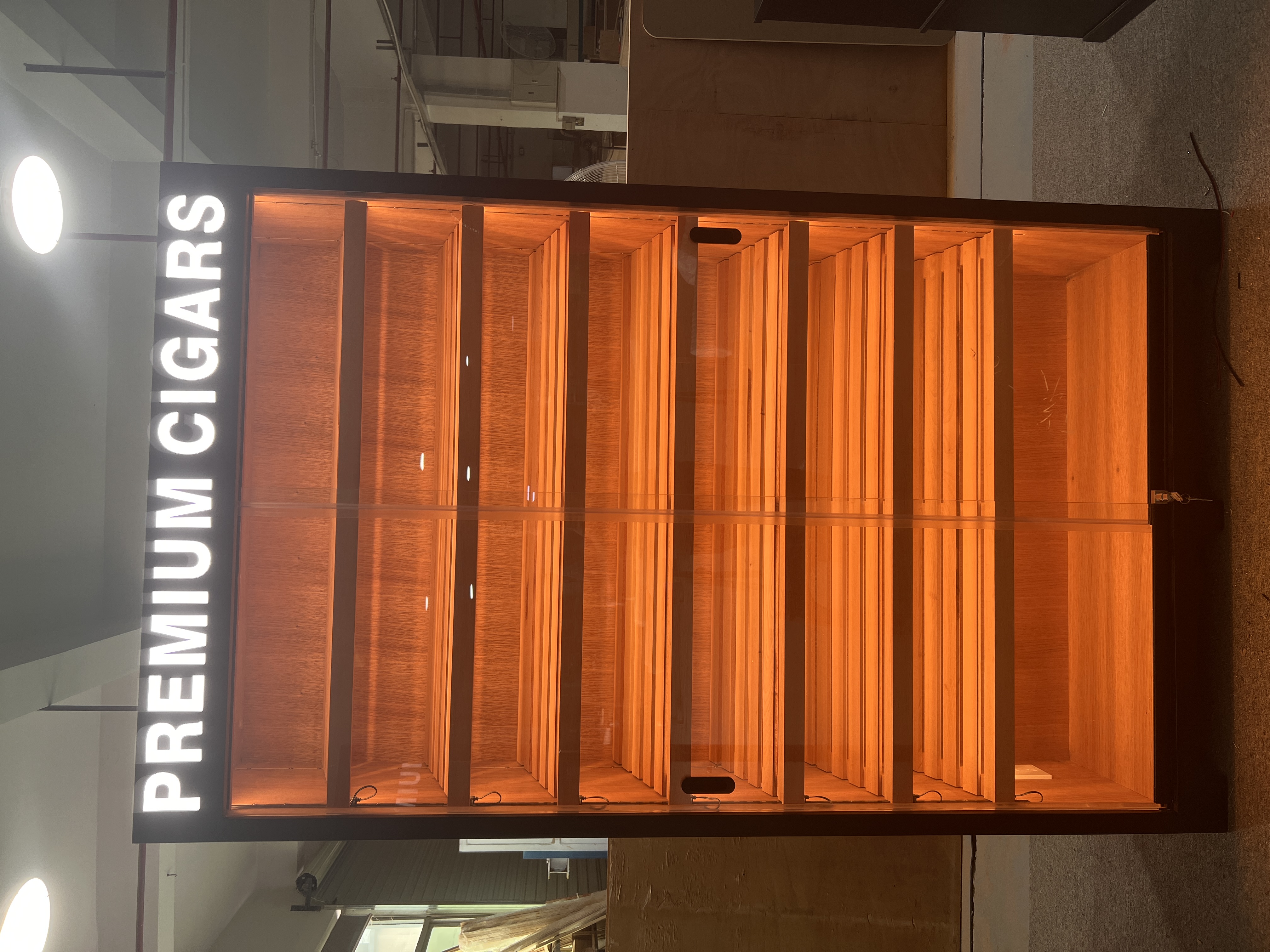 Premium Cigars LED Logo Sliding Glass Door Humidor Cabinet with Spanish Cedar Interior