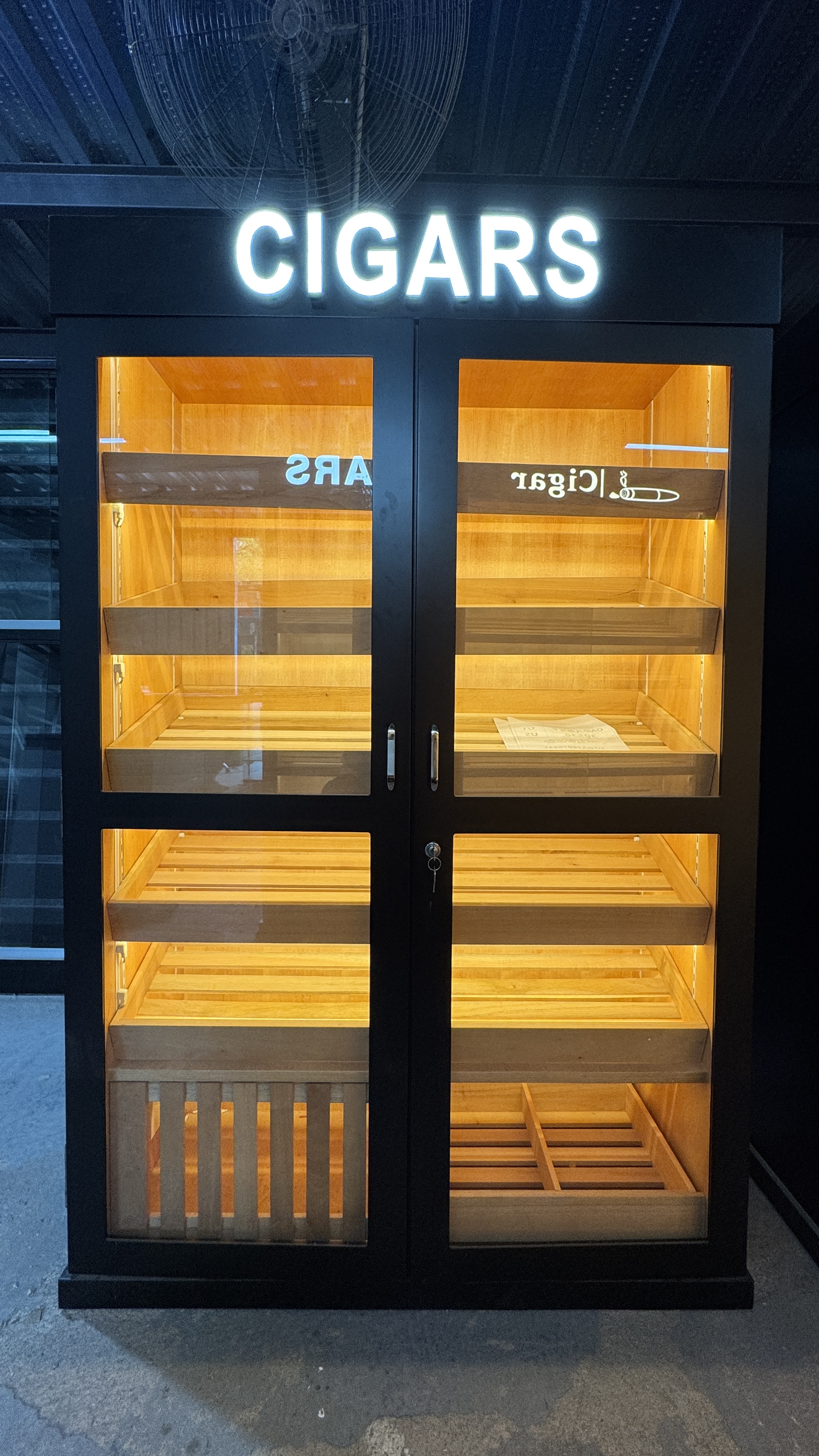 Double Door Cigar Humidor Cabinet with LED Letter Sign, Spanish Cedar Shelves, Glass Display Doors & Humidifier Included – 44.88" W × 16.93" D × 68.90" H
