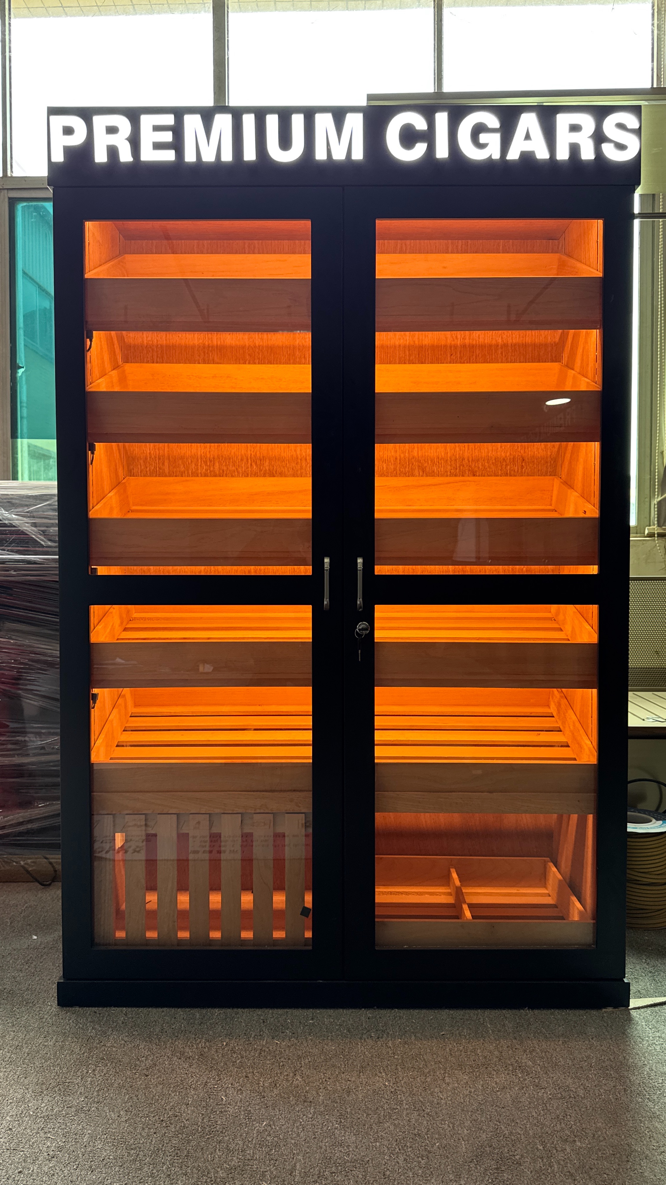 Premium Double Door Cigar Humidor Cabinet with LED Letter Sign, Spanish Cedar Interior & Glass Display Doors