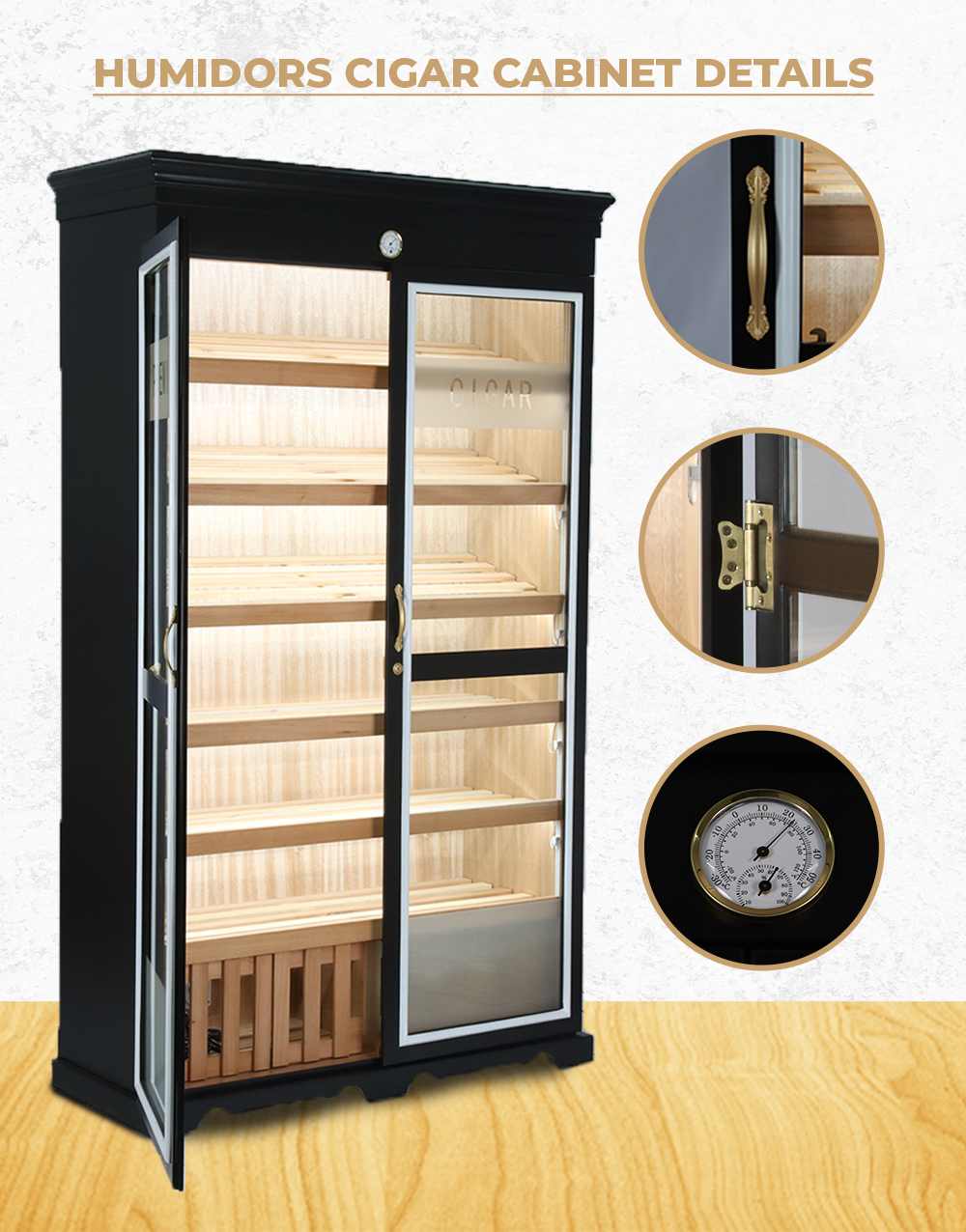 Double Door Cigar Humidor Cabinet with Spanish Cedar Shelves & Humidifier Included – 47.24" W × 15.75" D × 78.74" H