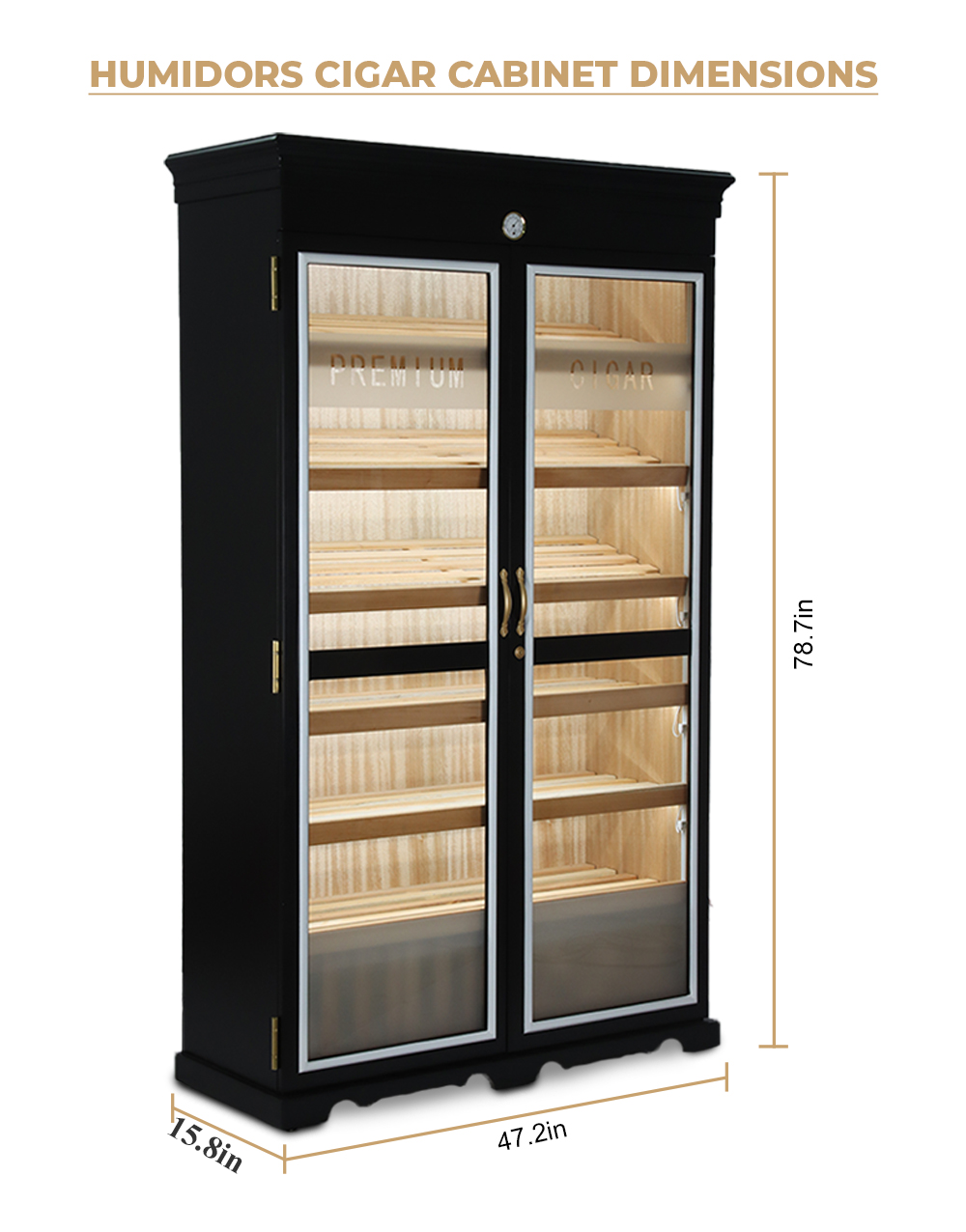 Double Door Cigar Humidor Cabinet with Spanish Cedar Shelves & Humidifier Included – 47.24" W × 15.75" D × 78.74" H
