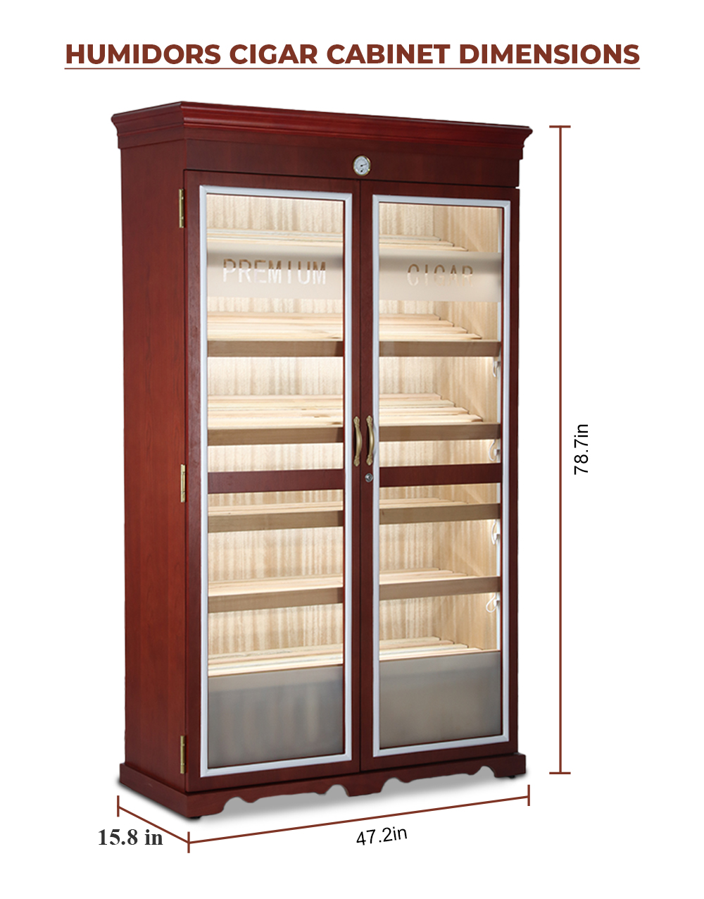 Double Door Cigar Humidor Cabinet with Spanish Cedar Shelves & Humidifier Included – 47.24" W × 15.75" D × 78.74" H