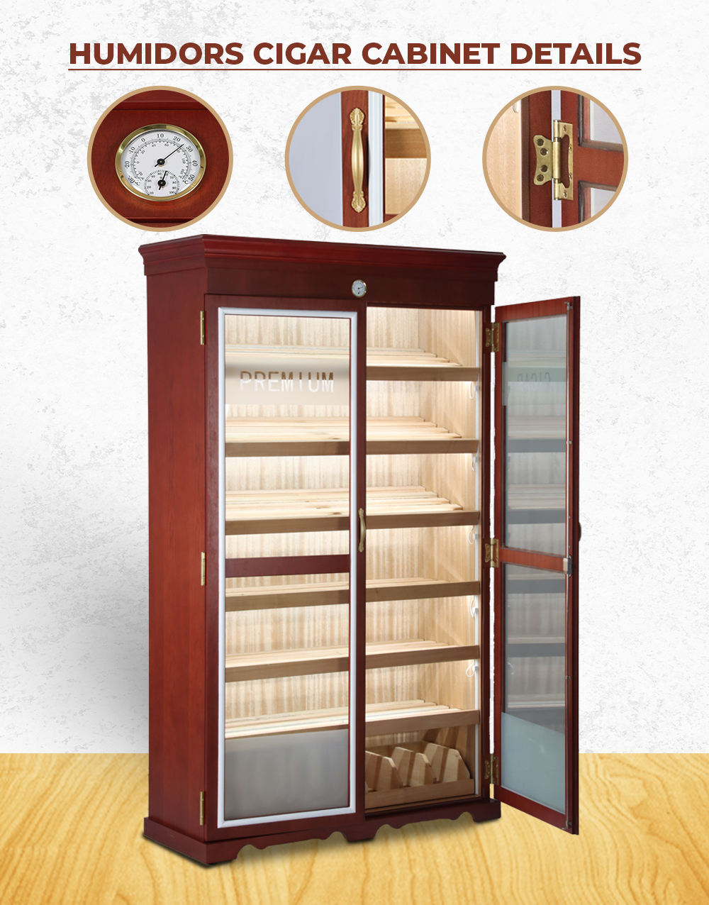 Double Door Cigar Humidor Cabinet with Spanish Cedar Shelves & Humidifier Included – 47.24" W × 15.75" D × 78.74" H