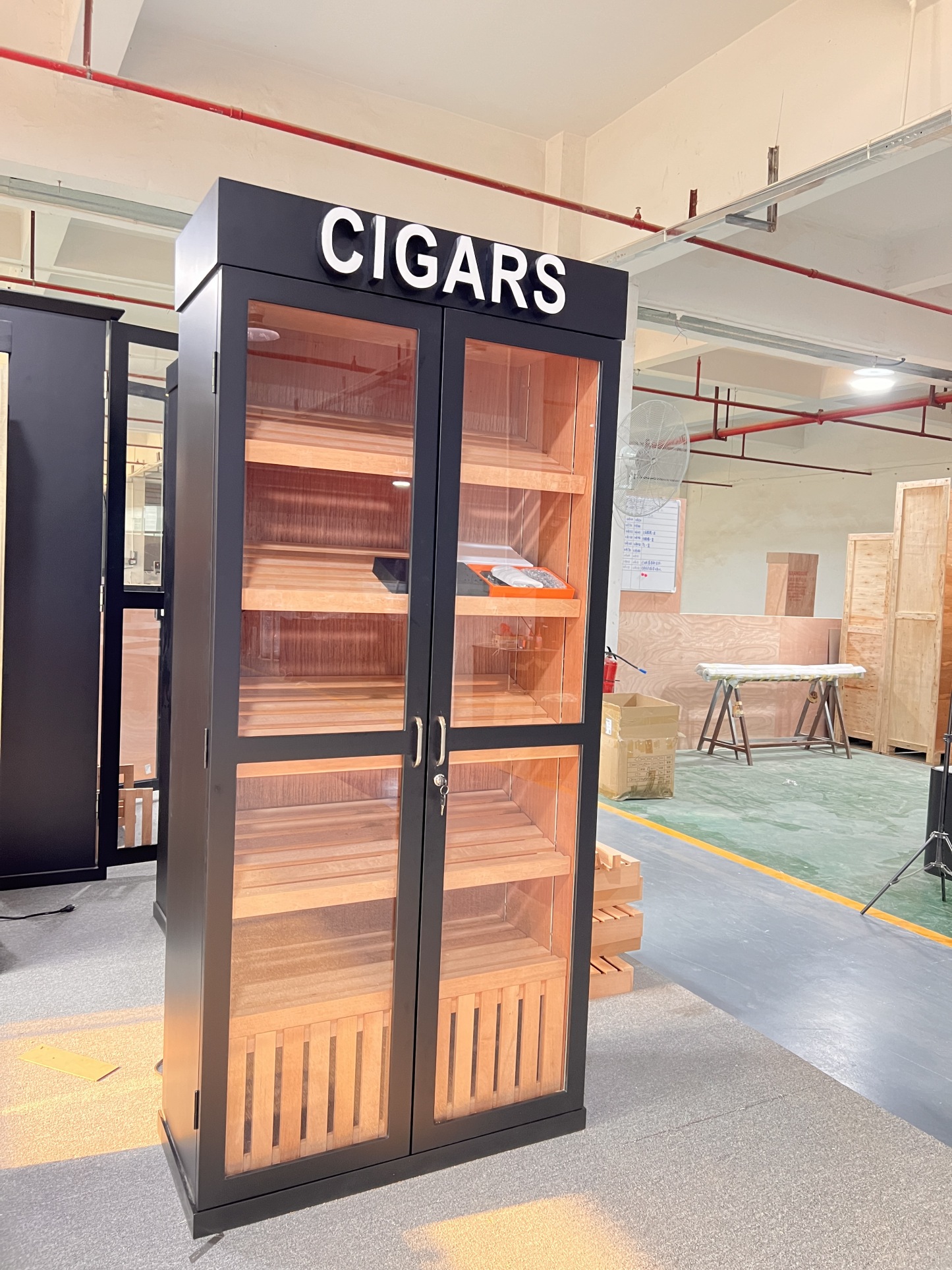 Wide Single Door Cigar Humidor Cabinet with LED CIGARS Sign, Spanish Cedar Shelves & Humidifier Included – 36.02" W × 15.75" D × 78.74" H