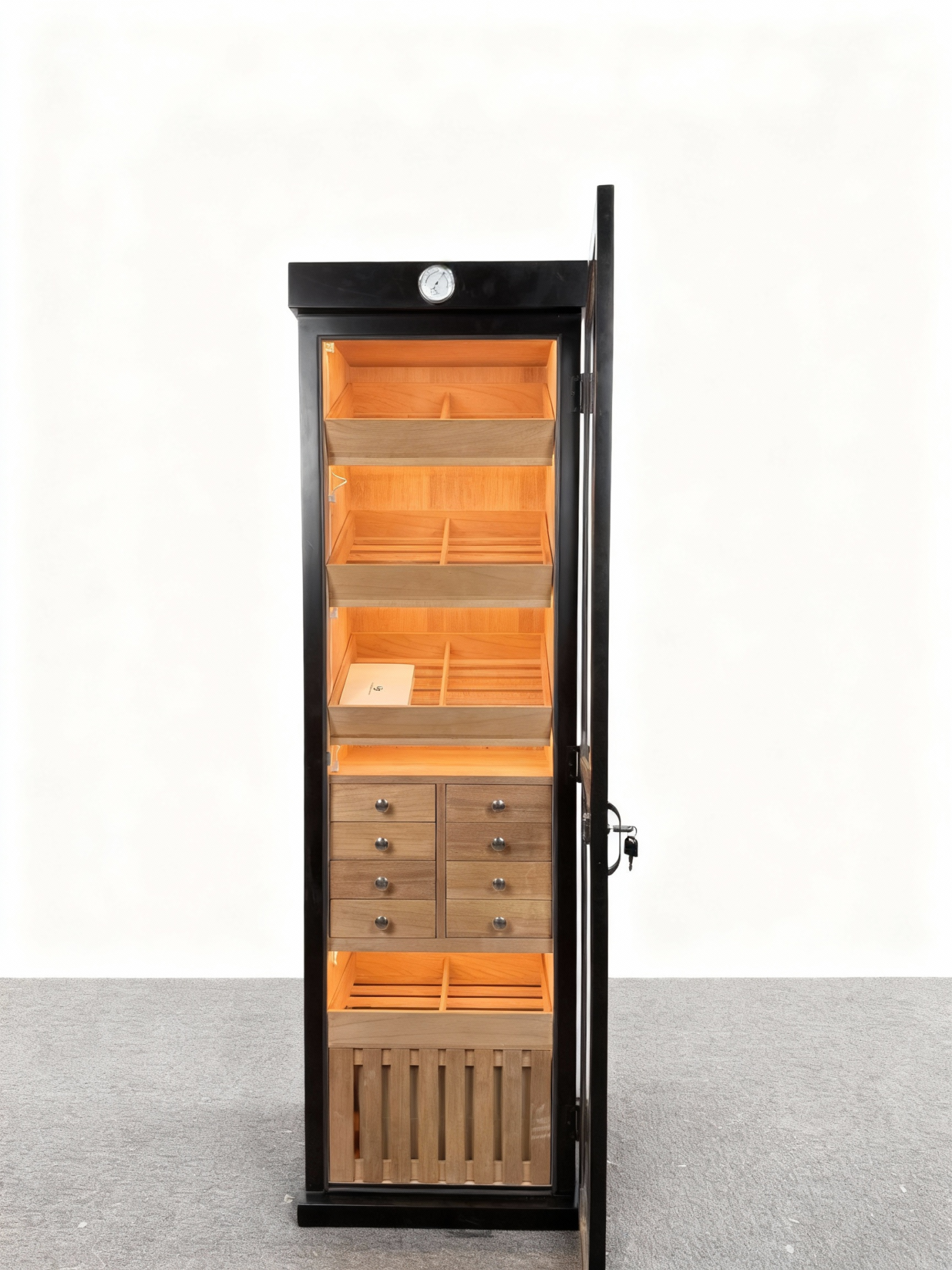 Single-Door Cigar Cabinet with Multi-Drawer Storage