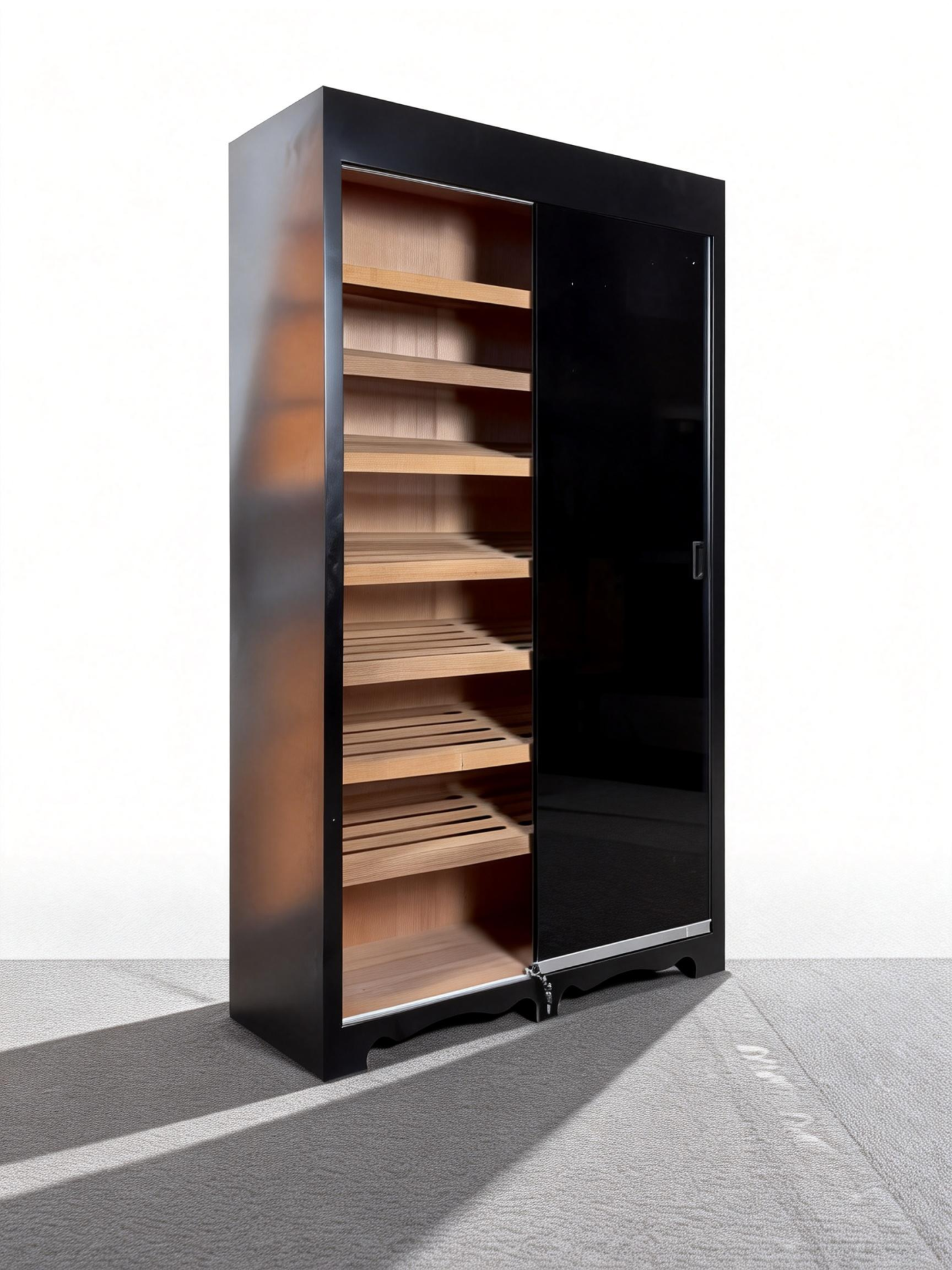 Matte Black Sliding-Door Humidor with Privacy Film Glass