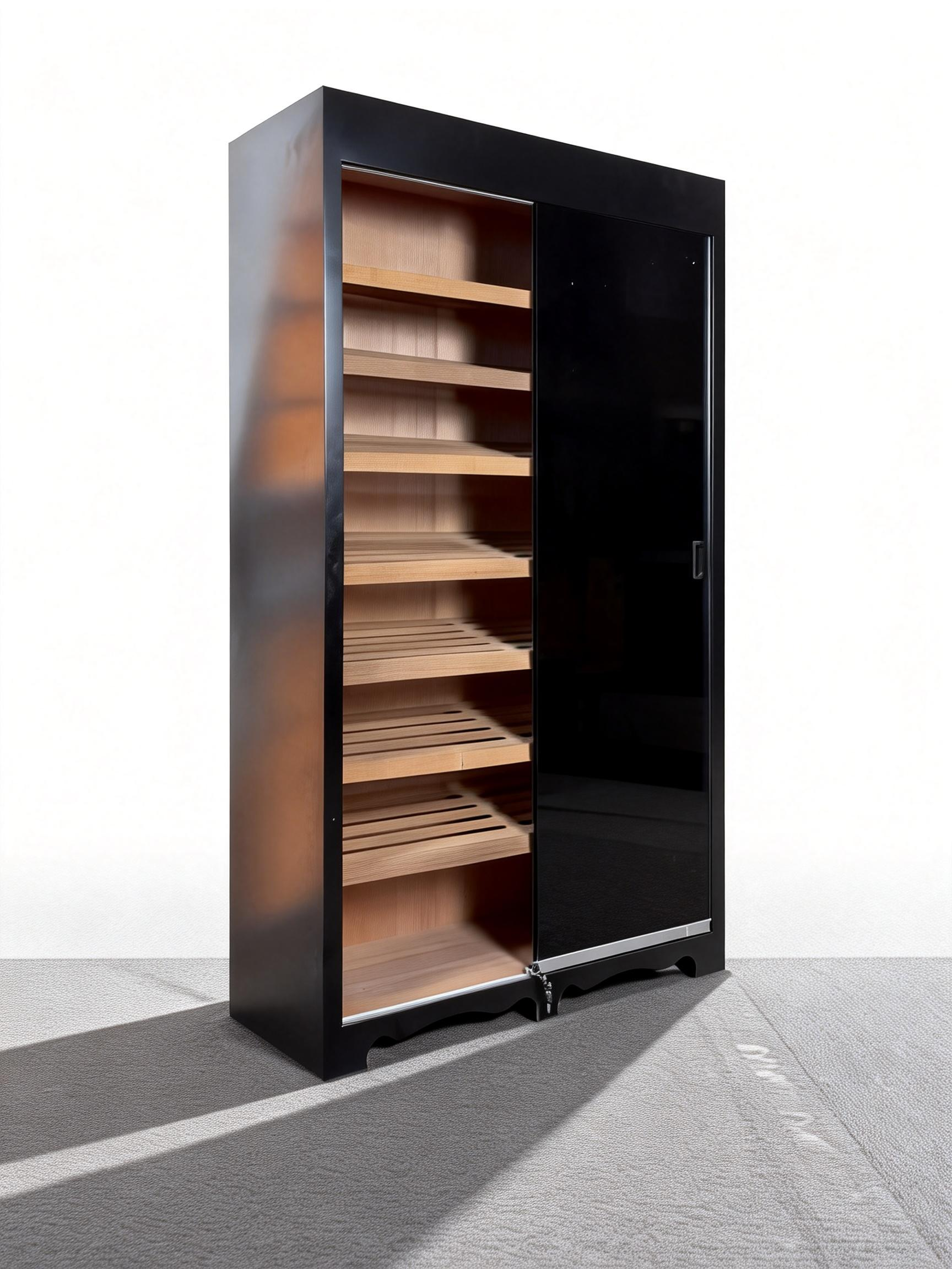 Matte Black Sliding-Door Humidor with Privacy Film Glass