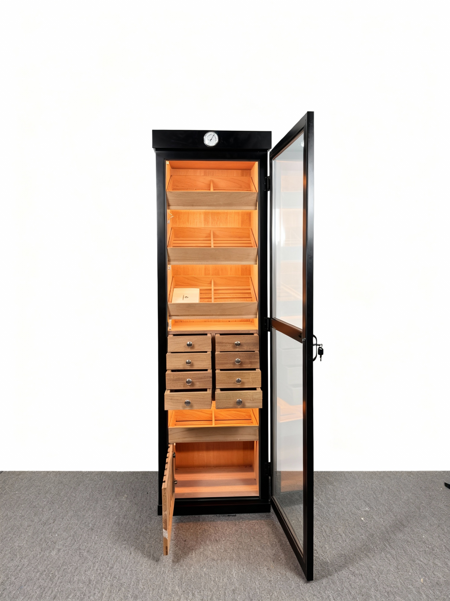 Single-Door Cigar Cabinet with Multi-Drawer Storage