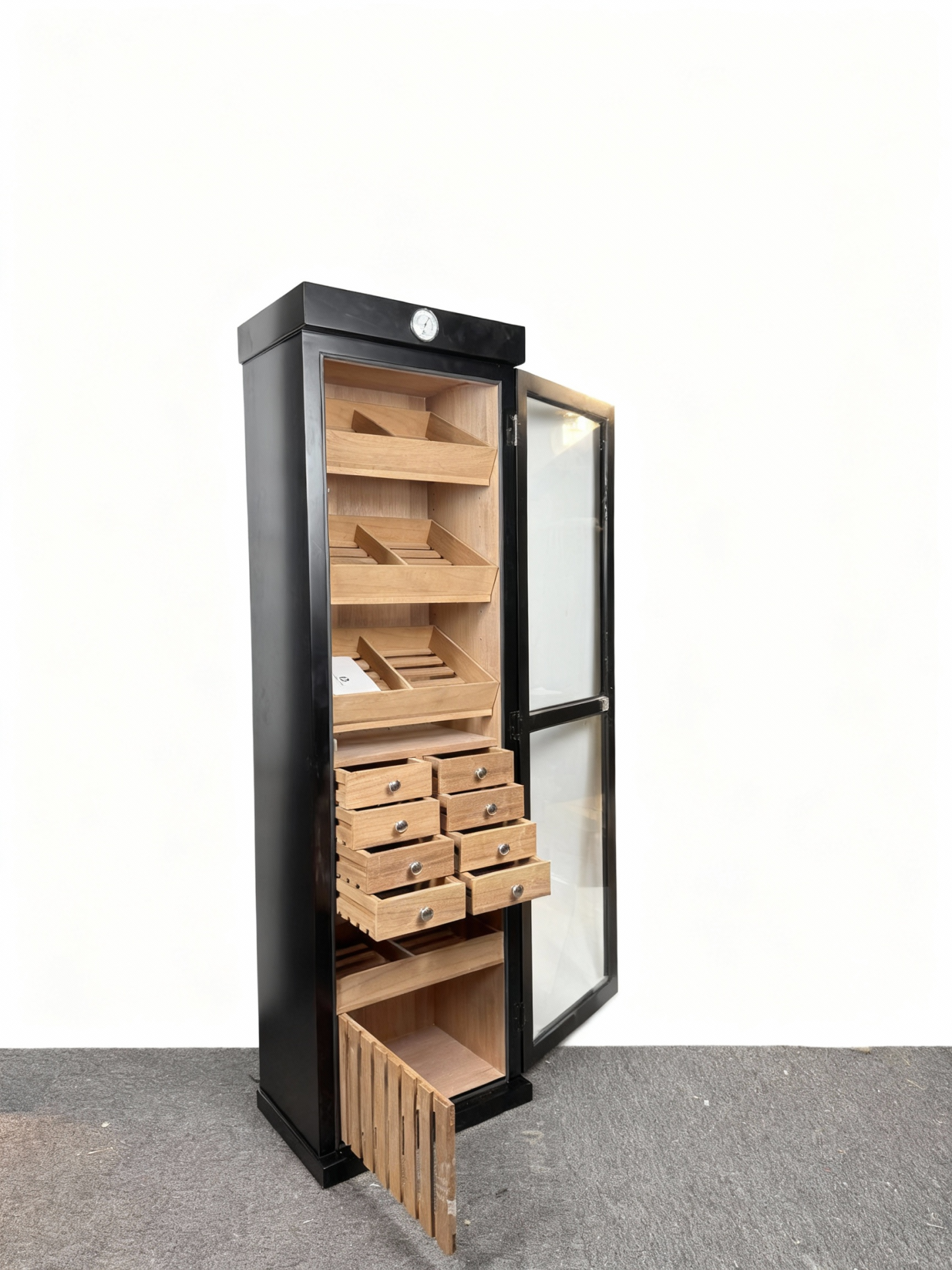 Single-Door Cigar Cabinet with Multi-Drawer Storage