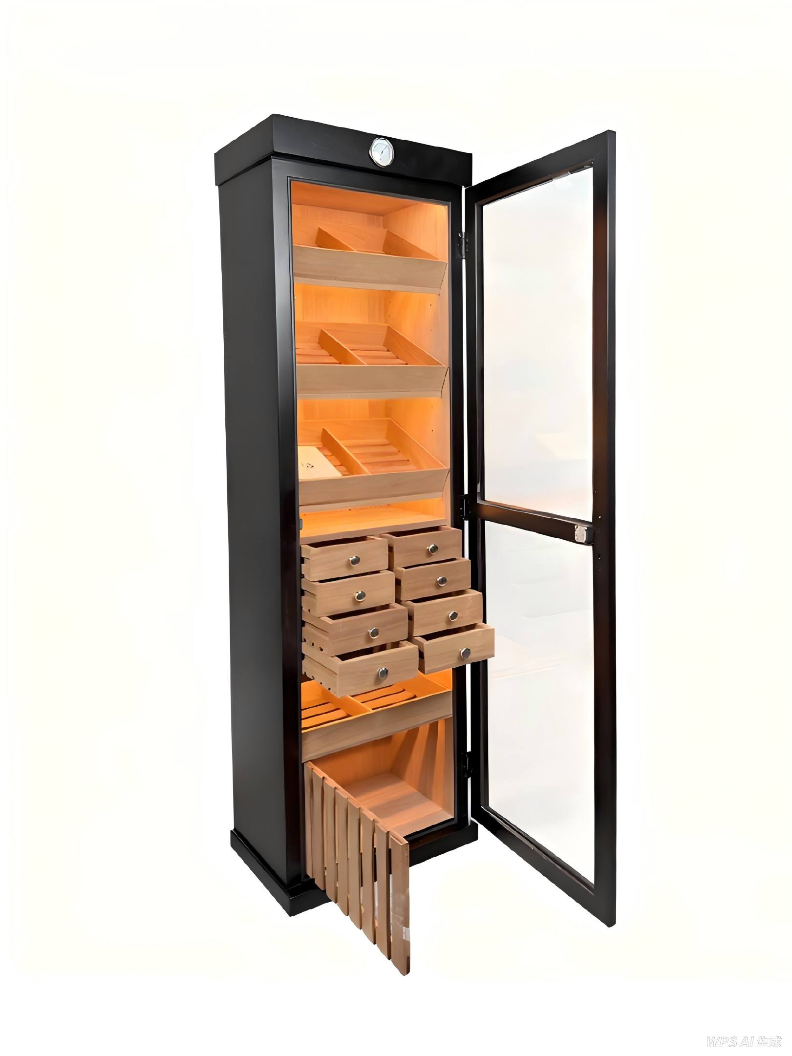 Single-Door Cigar Cabinet with Multi-Drawer Storage