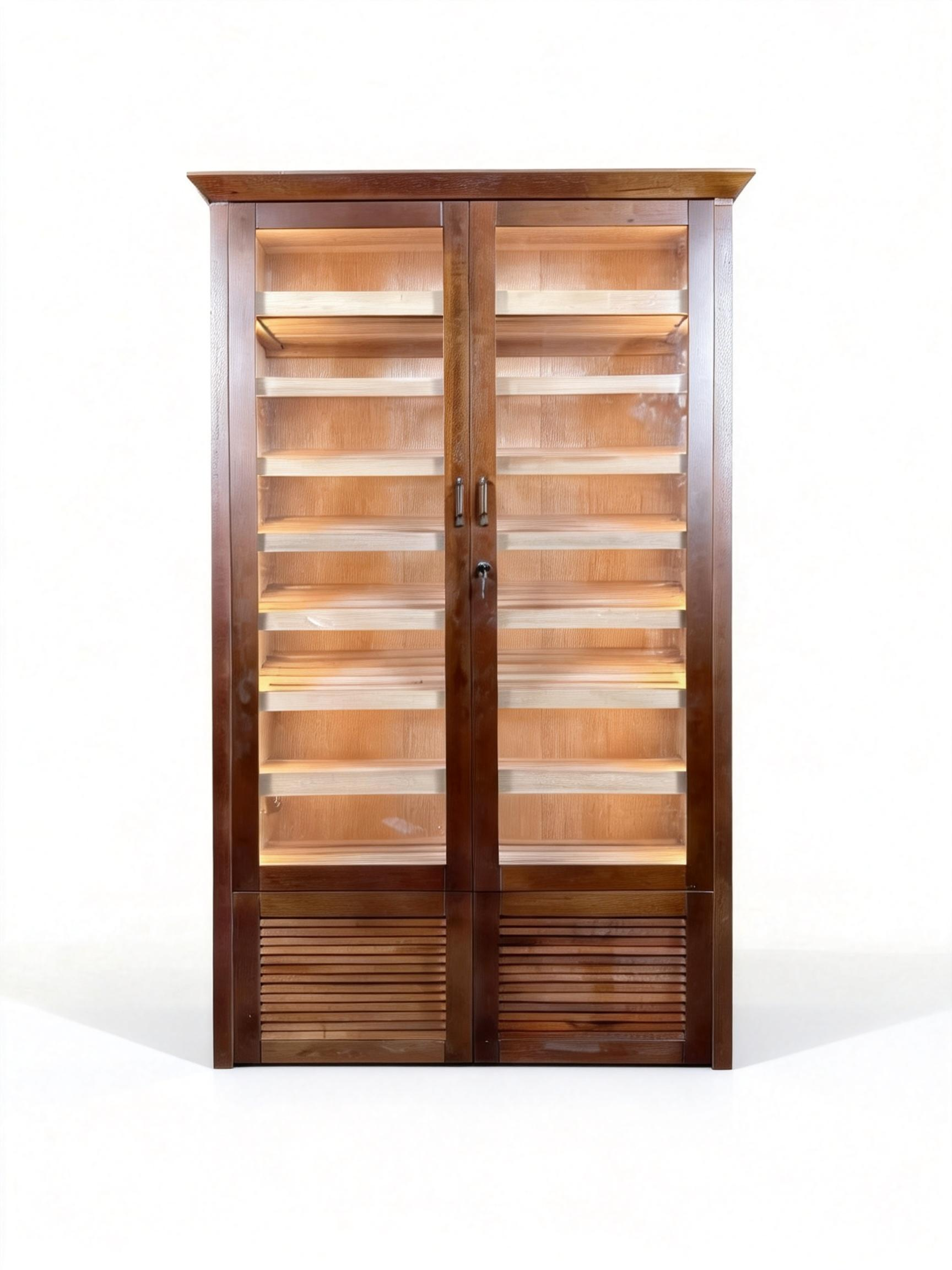 Vintage Dual-Door Louver-Style Wooden Cigar Humidor Cabinet