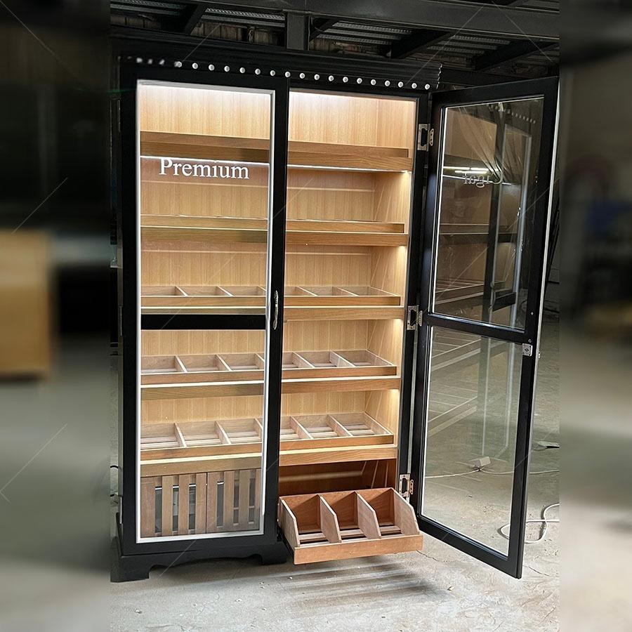 Black Double Door Cigar Humidor Cabinet with Spanish Cedar Shelves & Humidifier Included – 47.24" W × 15.75" D × 78.74" H