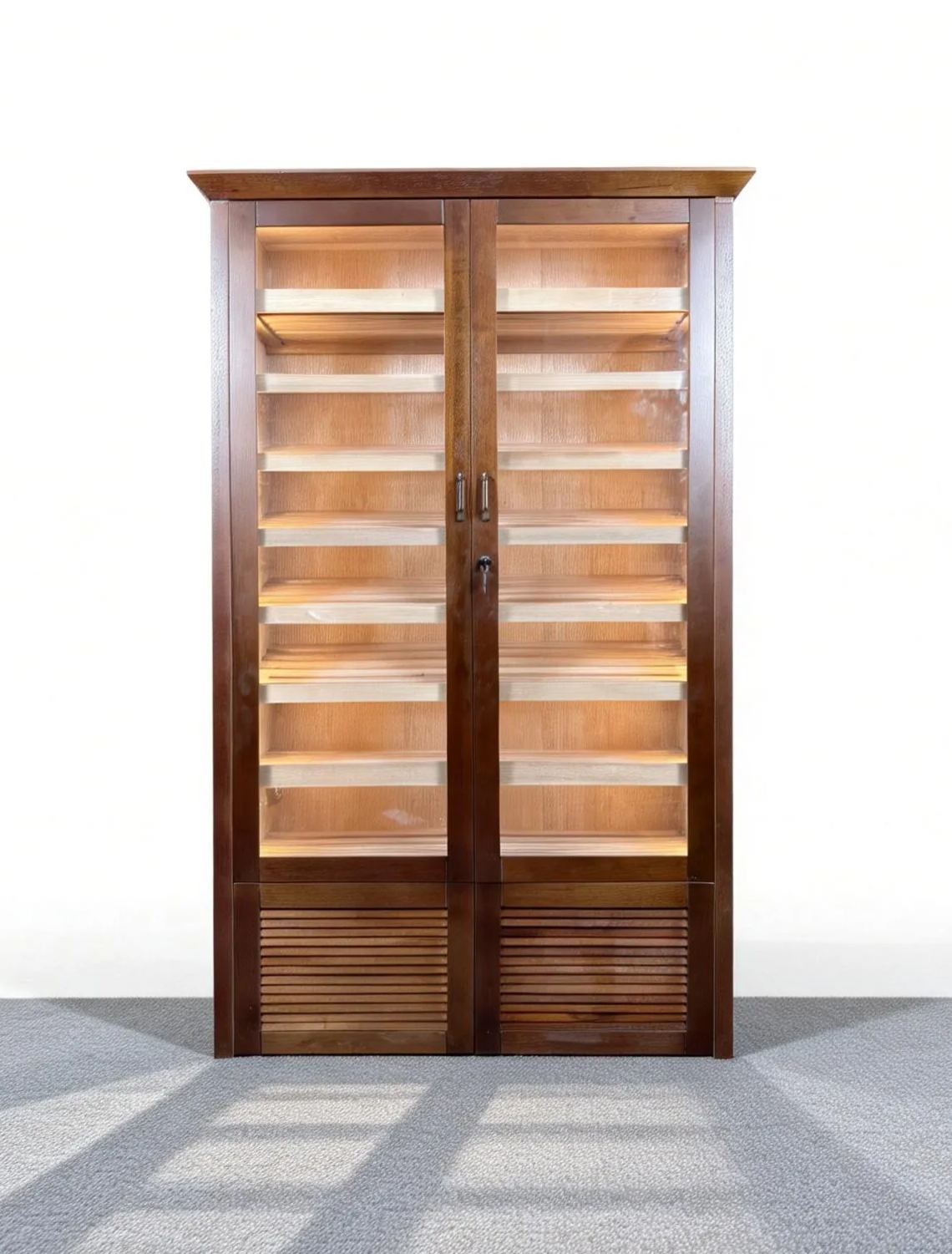 Vintage Dual-Door Louver-Style Wooden Cigar Humidor Cabinet