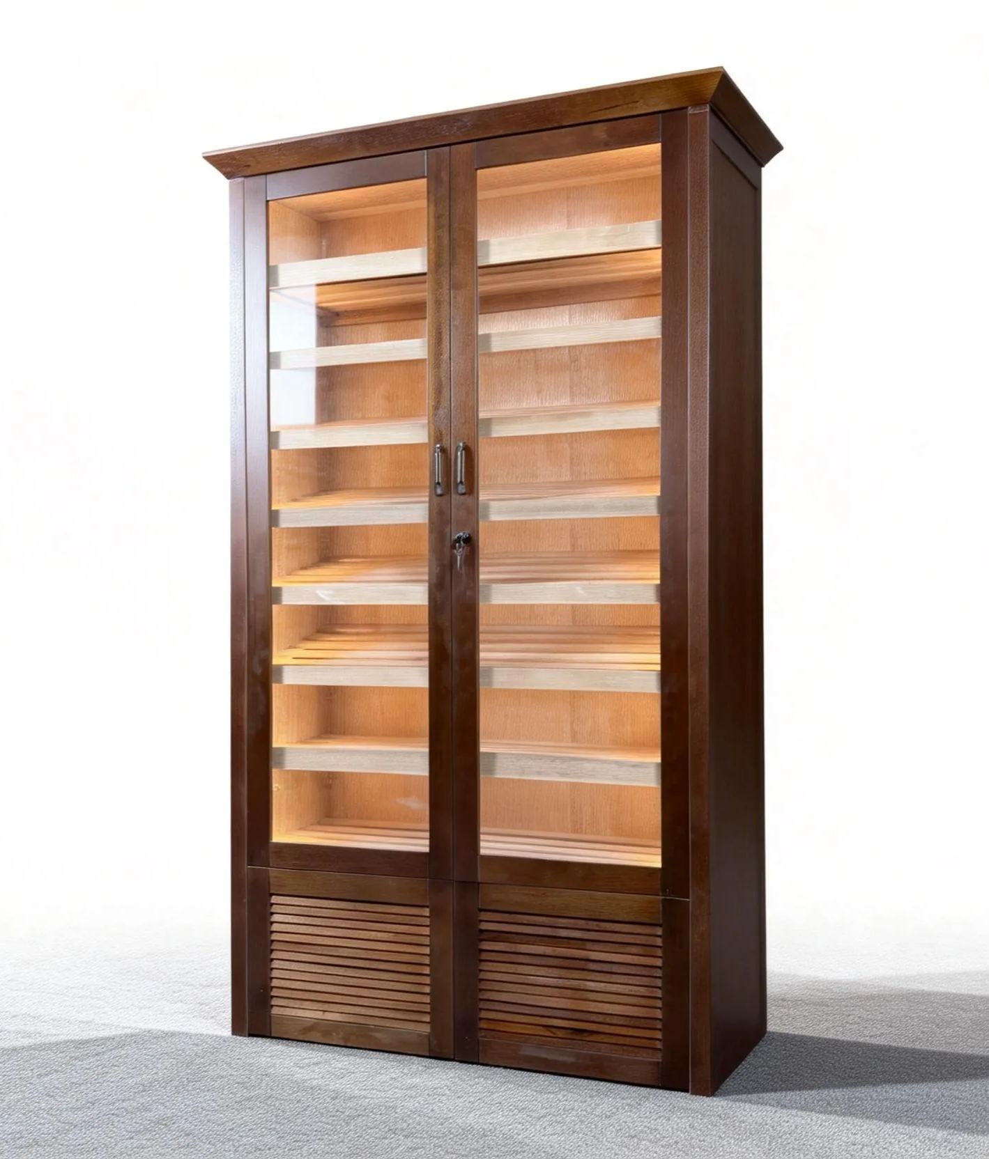 Vintage Dual-Door Louver-Style Wooden Cigar Humidor Cabinet