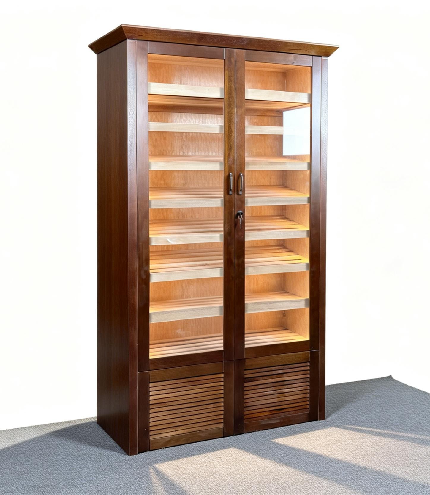 Vintage Dual-Door Louver-Style Wooden Cigar Humidor Cabinet