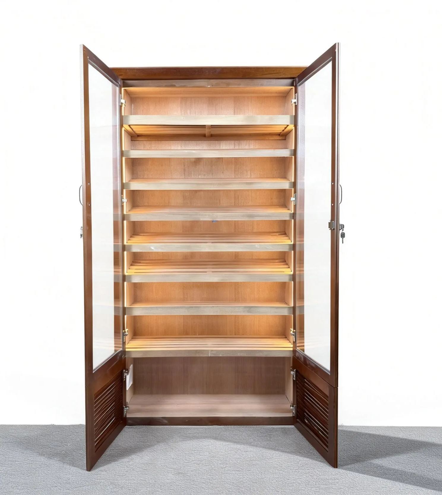 Vintage Dual-Door Louver-Style Wooden Cigar Humidor Cabinet