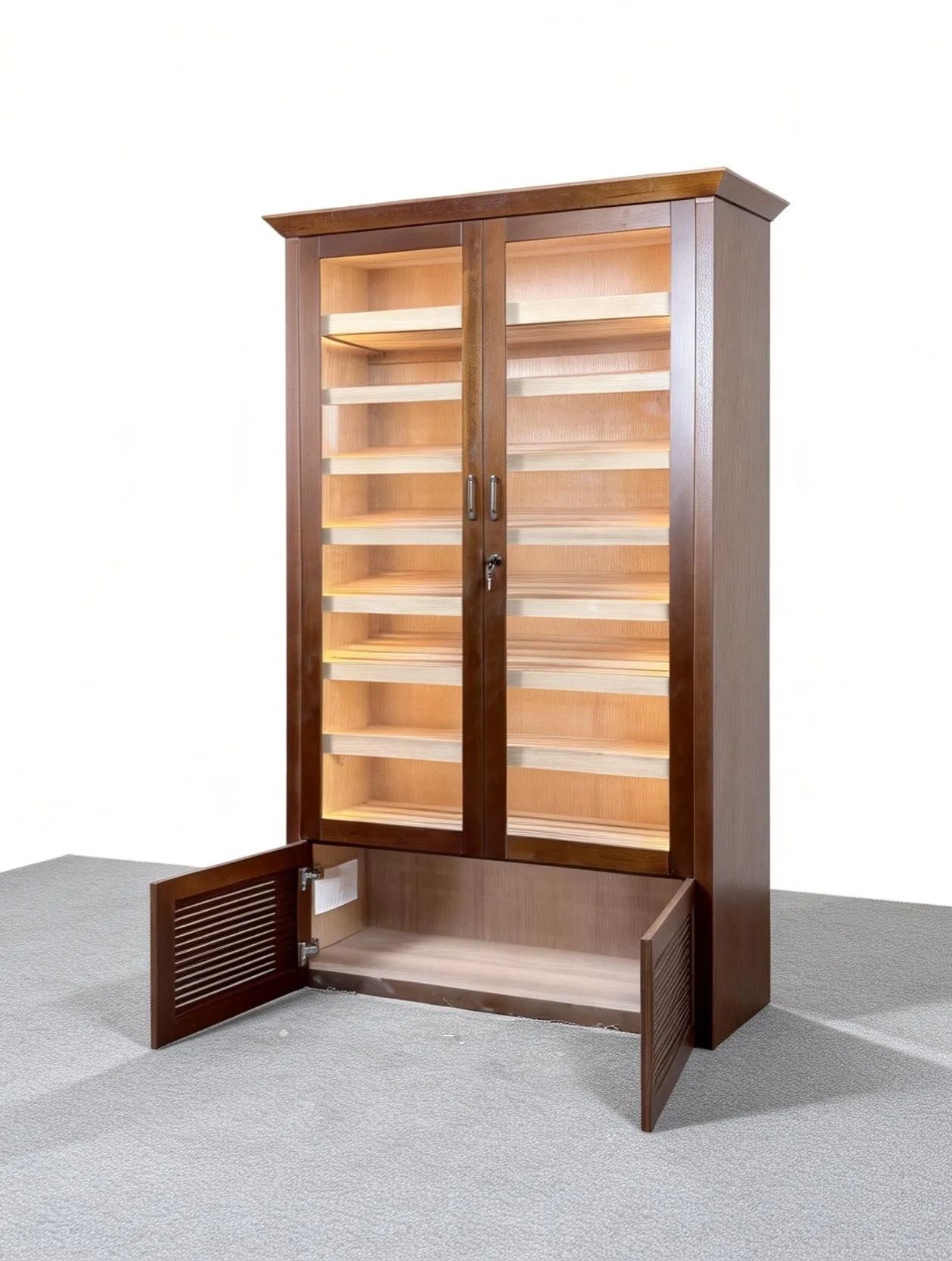 Vintage Dual-Door Louver-Style Wooden Cigar Humidor Cabinet