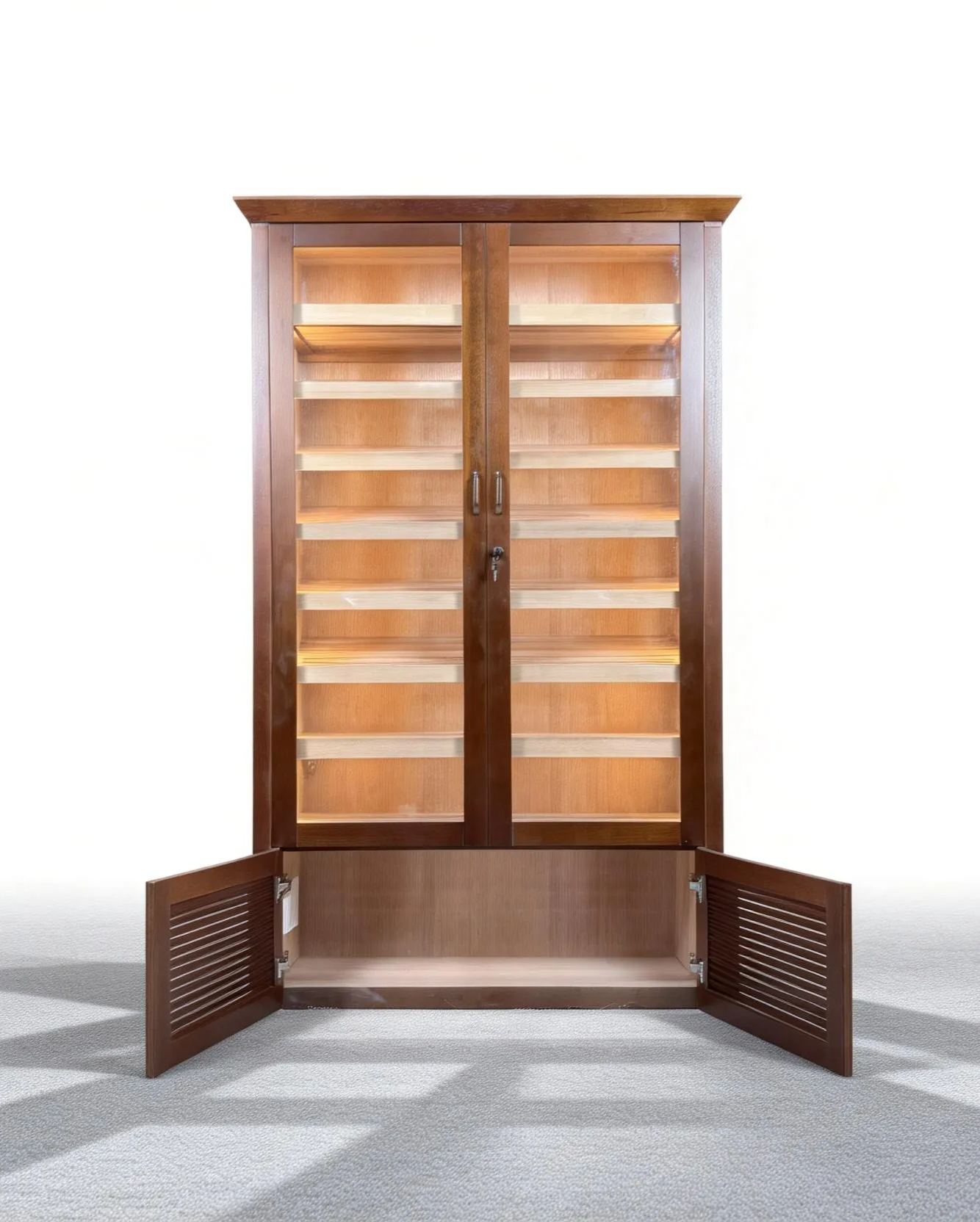 Vintage Dual-Door Louver-Style Wooden Cigar Humidor Cabinet