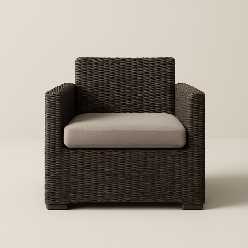 Poltrona in Rattan Sintetico Marrone con Cuscino Grigio