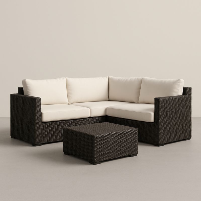 Set Divano Angolare in Rattan con Cuscini Crema