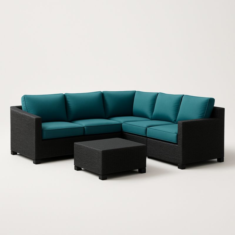 Divano ad Angolo Modulare in Rattan Nero con Cuscini Turchesi