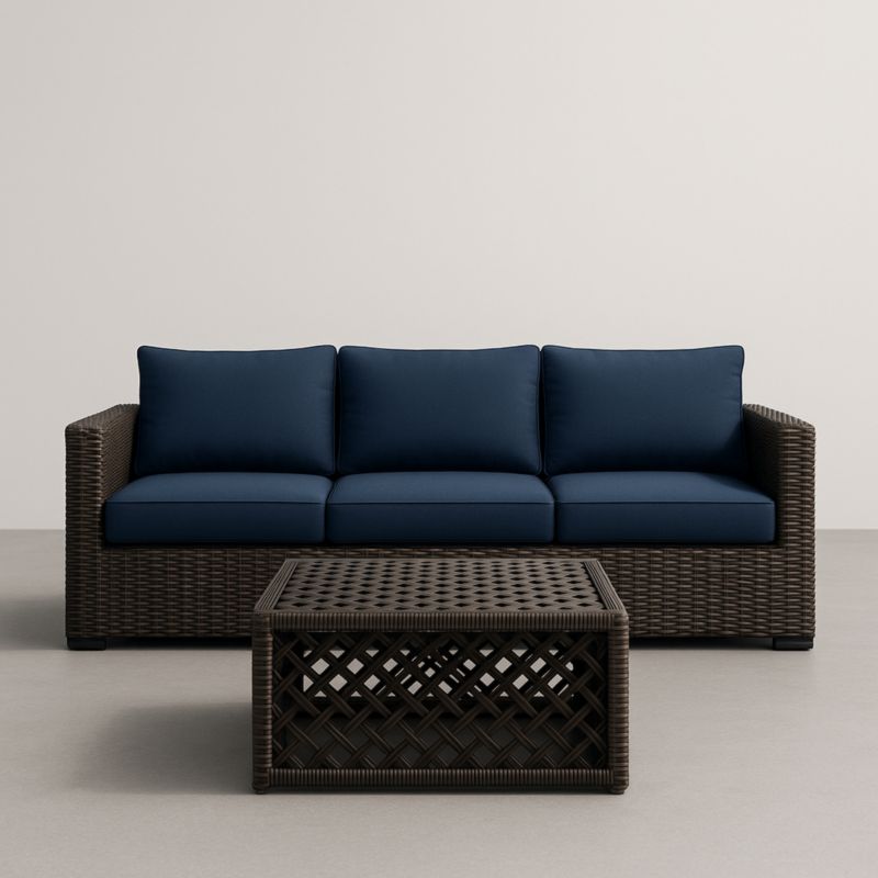 Divano a Tre Posti e Tavolino Rettangolare in Rattan con Cuscini Blu