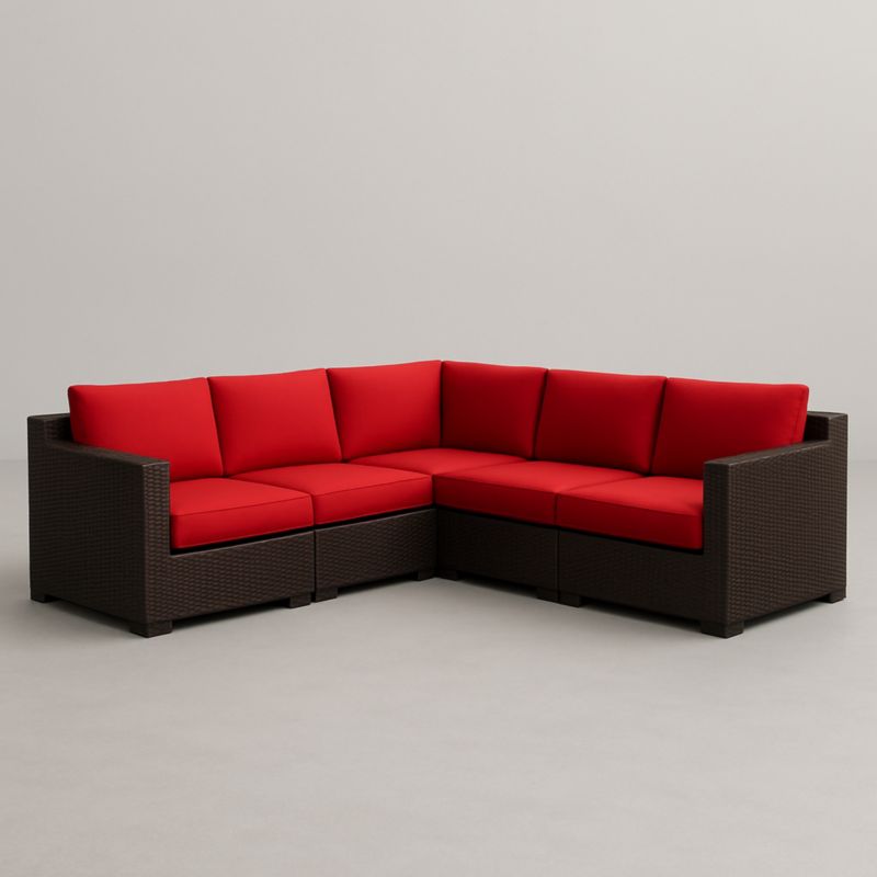 Divano angolare modulare in rattan sintetico marrone con cuscini rossi