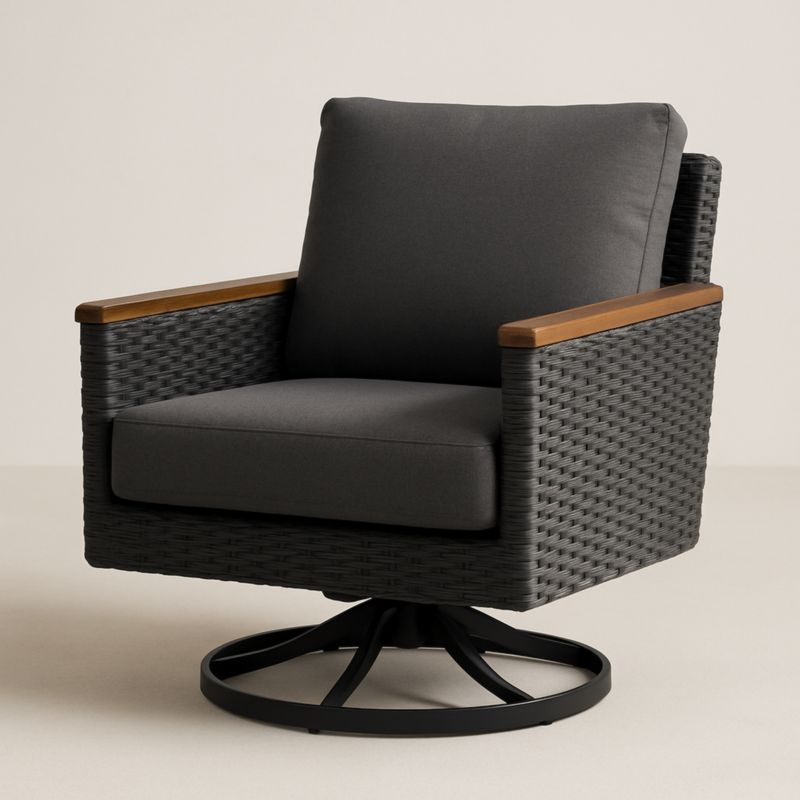 Poltrona Girevole in Rattan Sintetico Grigio con Braccioli in Legno