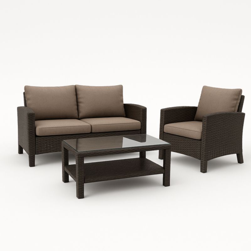 Set di mobili da esterno in rattan sintetico con cuscini beige e tavolino in vetro temperato