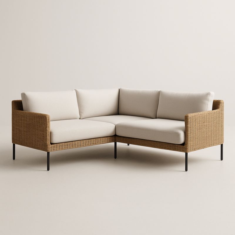 Divano Angolare in Rattan Sintetico con Cuscini in Tessuto Beige