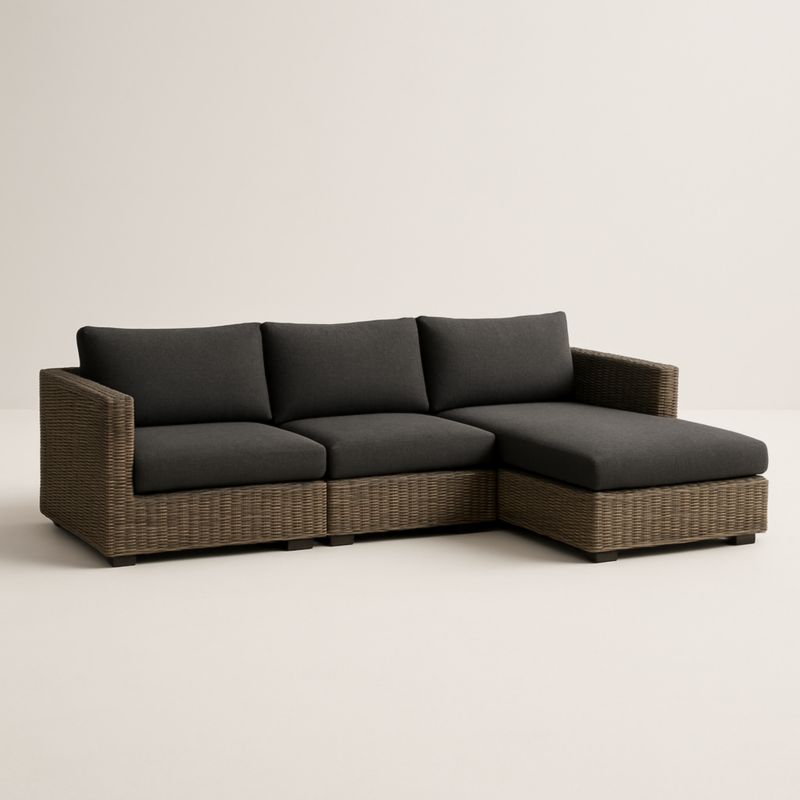 Divano angolare in Rattan Sintetico con Chaise Longue in Tessuto Grigio Scuro