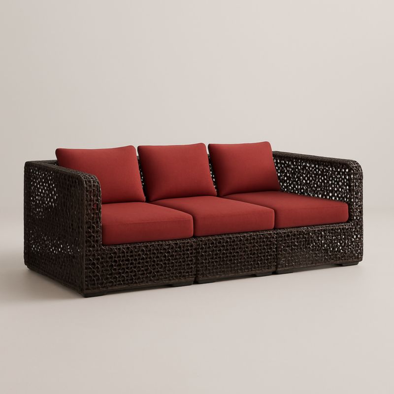 Divano modulare a tre posti in rattan sintetico marrone con cuscini rossi