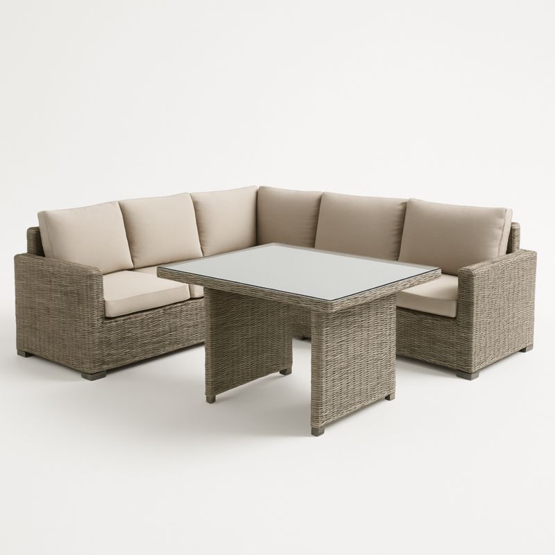 Set divano angolare rattan con tavolino in vetro temperato