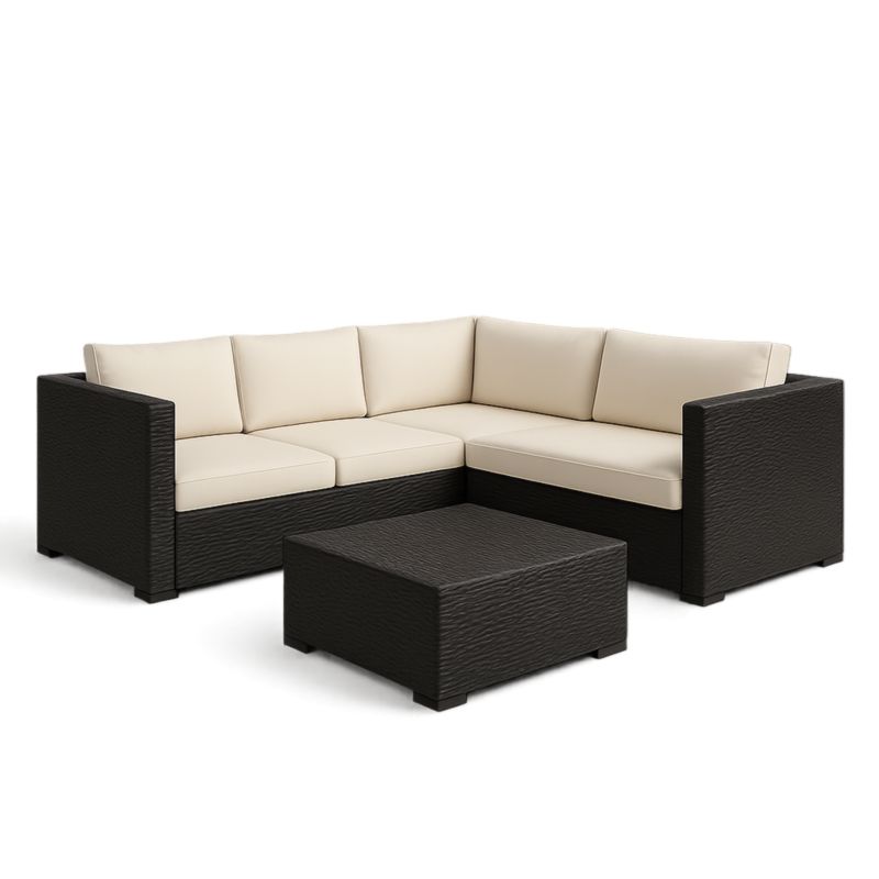 Divano ad Angolo in Rattan Nero con Cuscini Crema