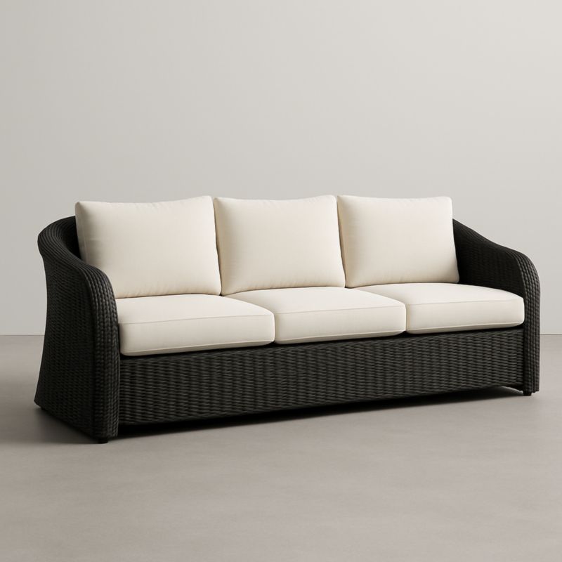 Divano Tre Posti Rattan Sintetico Nero e Crema